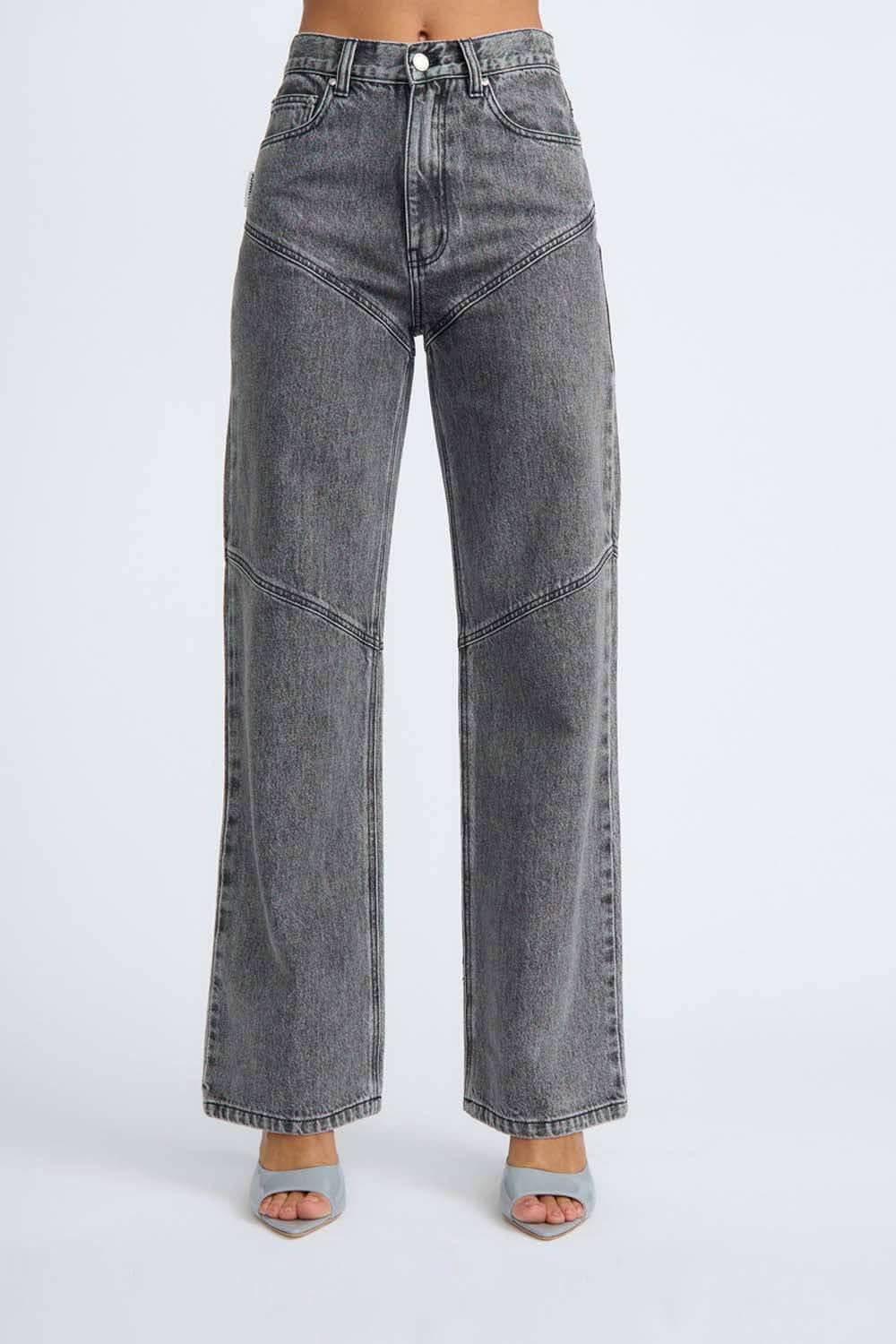 Grey stone-wash jeans with straight wide-leg cut and high-rise waistband