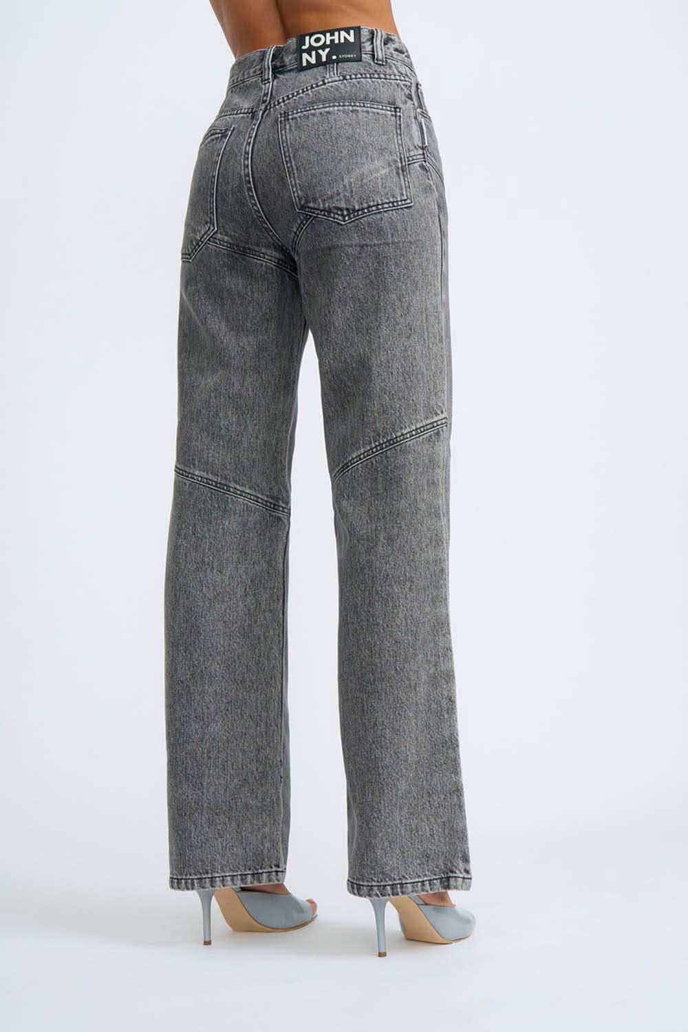 Grey stone-wash denim jeans with back pocket details and straight wide-leg cut
