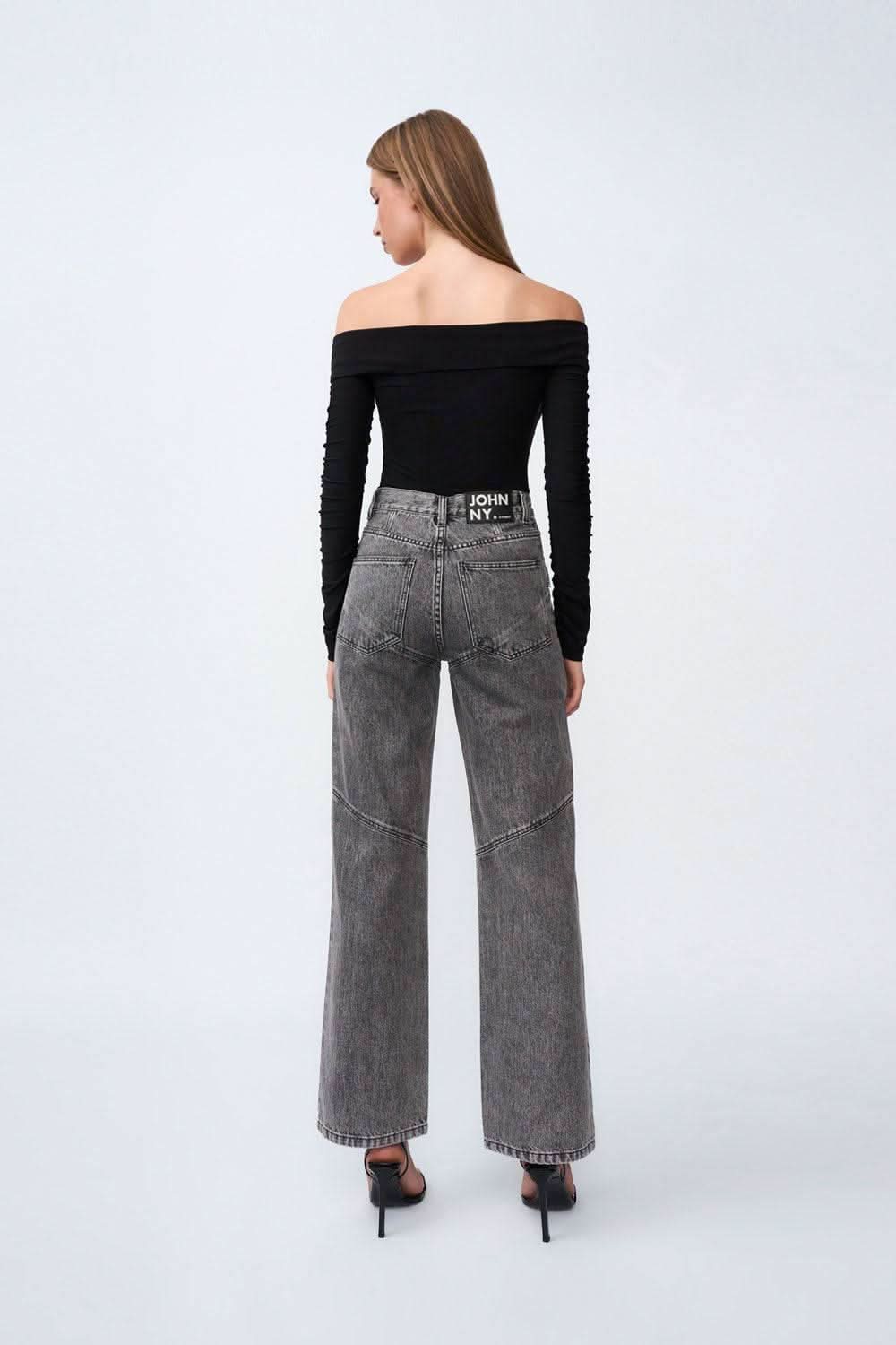 Grey stone-wash high-rise jeans, back view with yoke seams and straight wide-leg hem