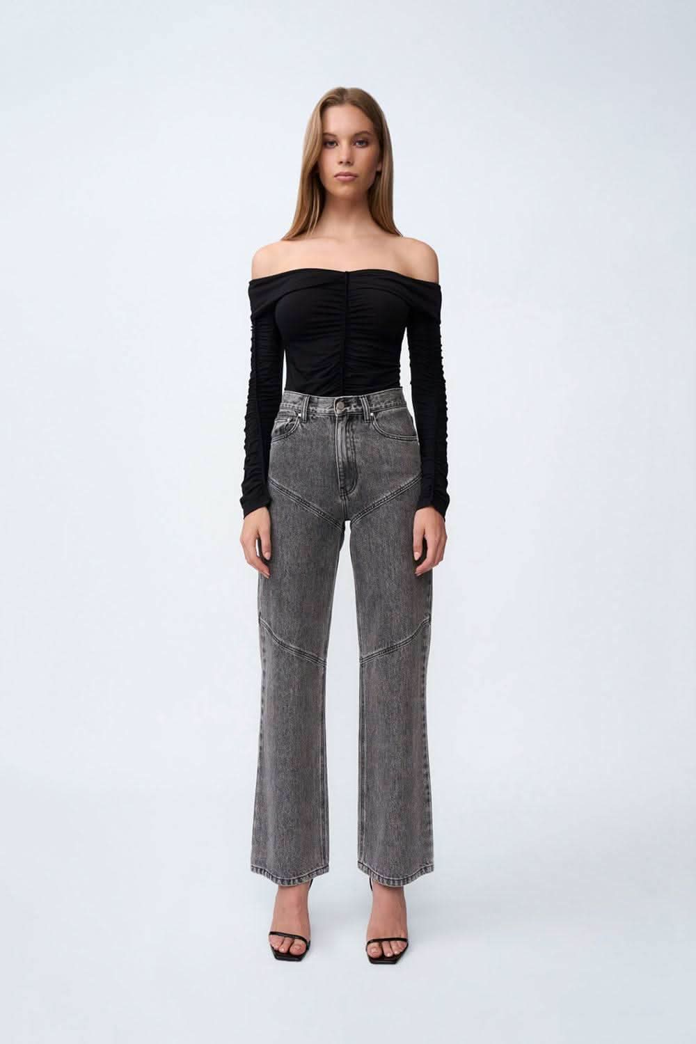 Grey stone-wash jeans with high-rise waistband and straight wide-leg silhouette