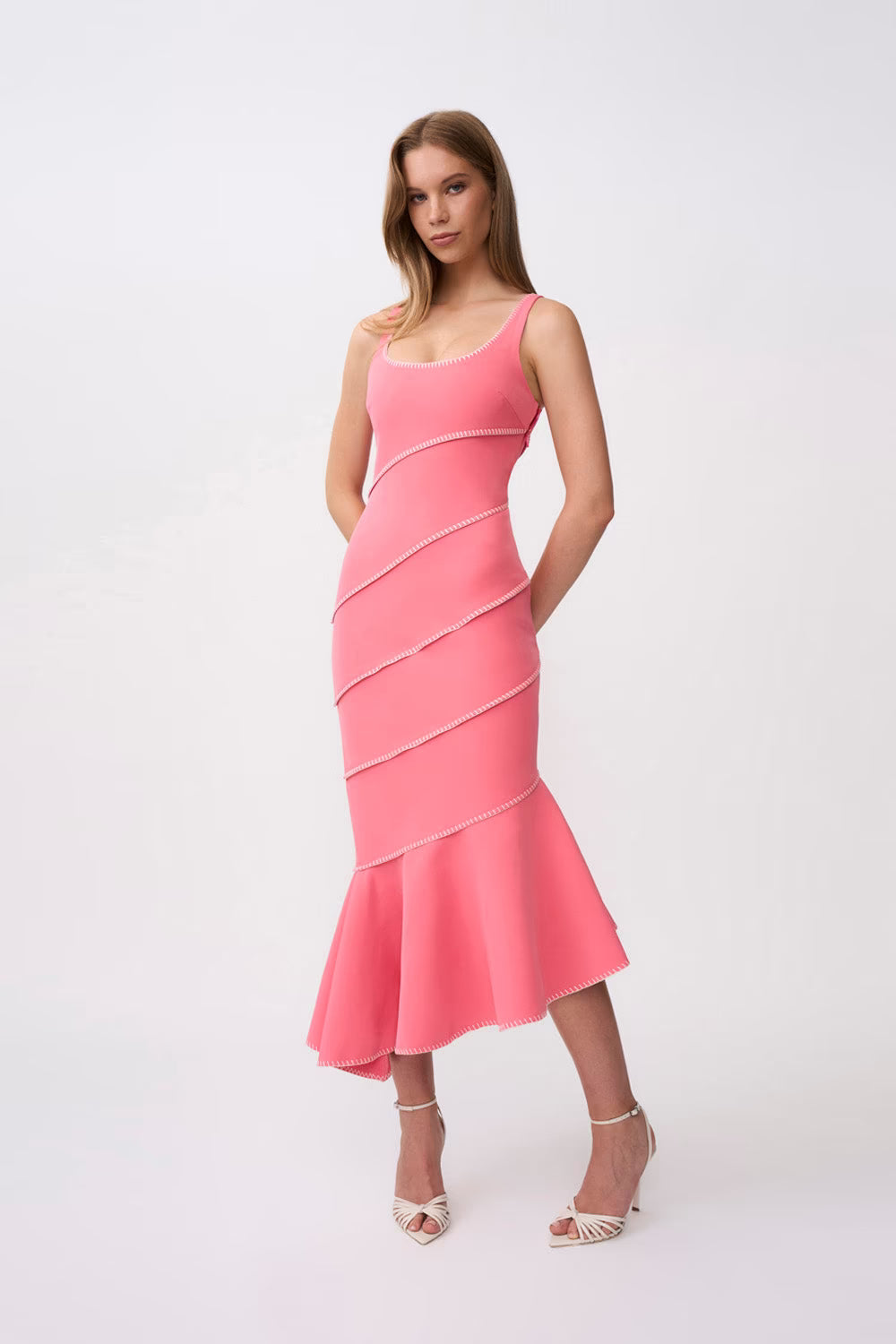 Pink spiral midi dress, sleeveless scoop neck, fitted body with flared hem