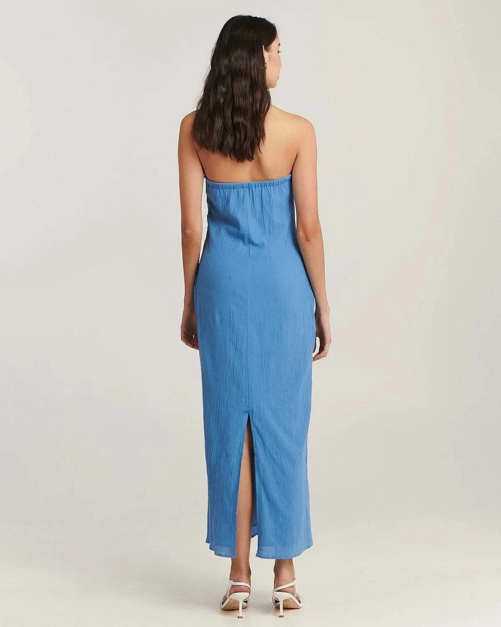 Dusty blue strapless midi dress, open back with center seam detail