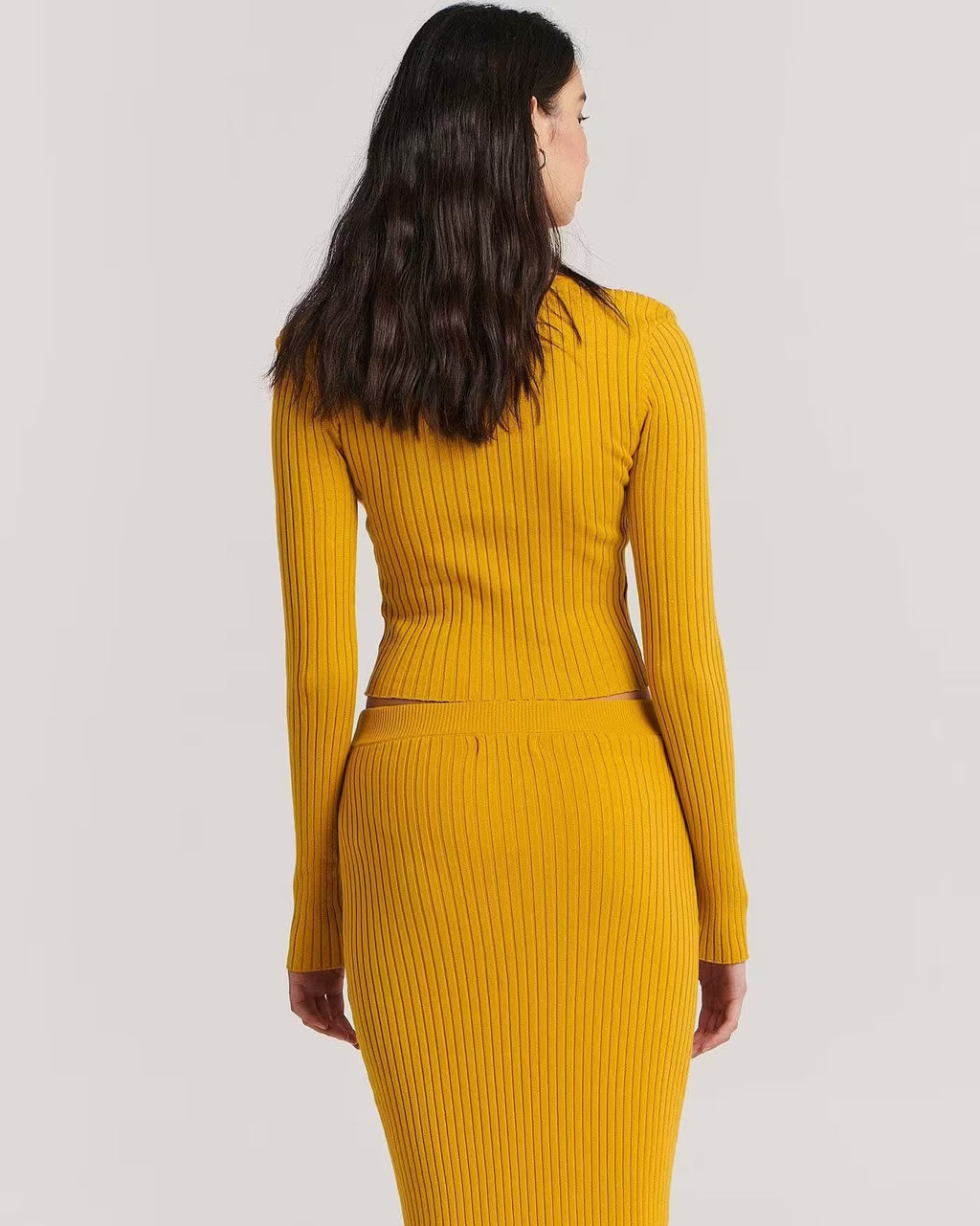 Golden ribbed long-sleeve scoop-neck crop top, back view