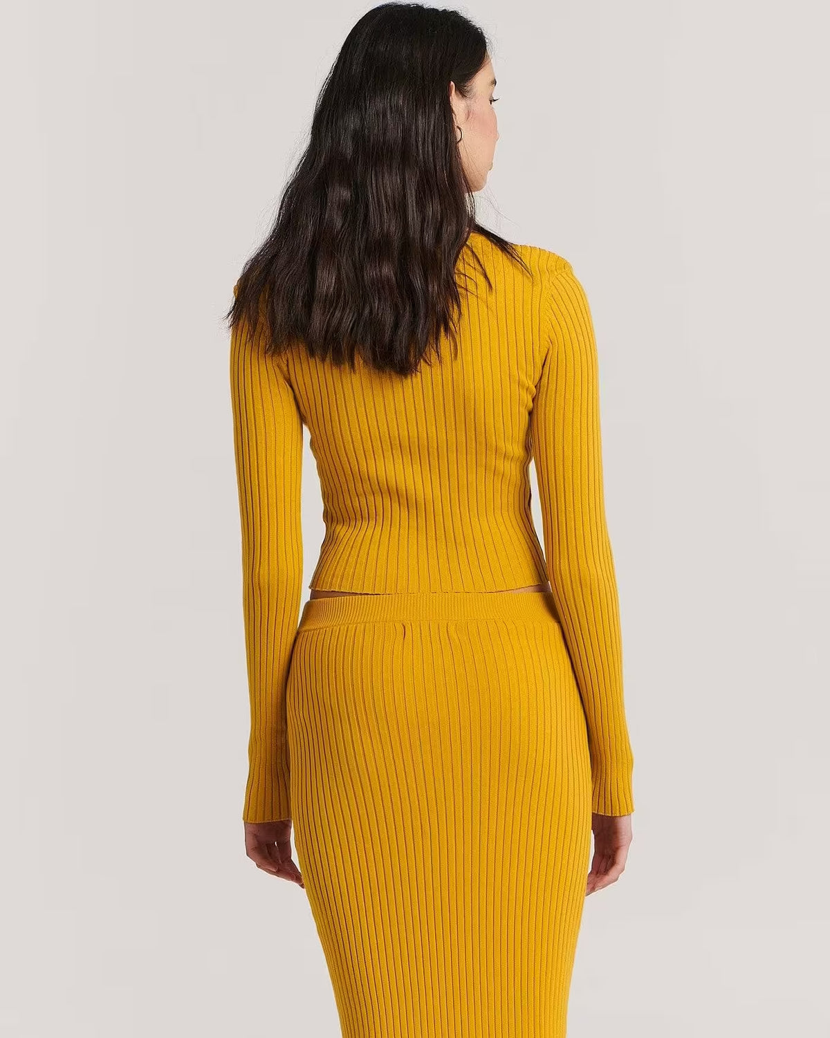 Golden ribbed long-sleeve scoop-neck crop top, back view
