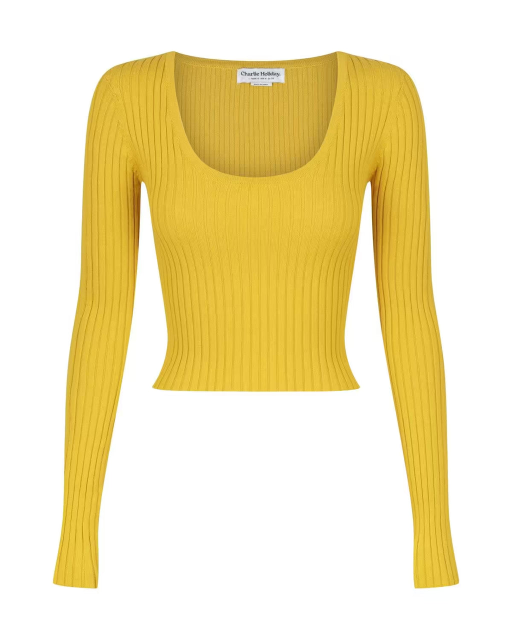 Golden ribbed scoop-neck long-sleeve crop top, flat lay
