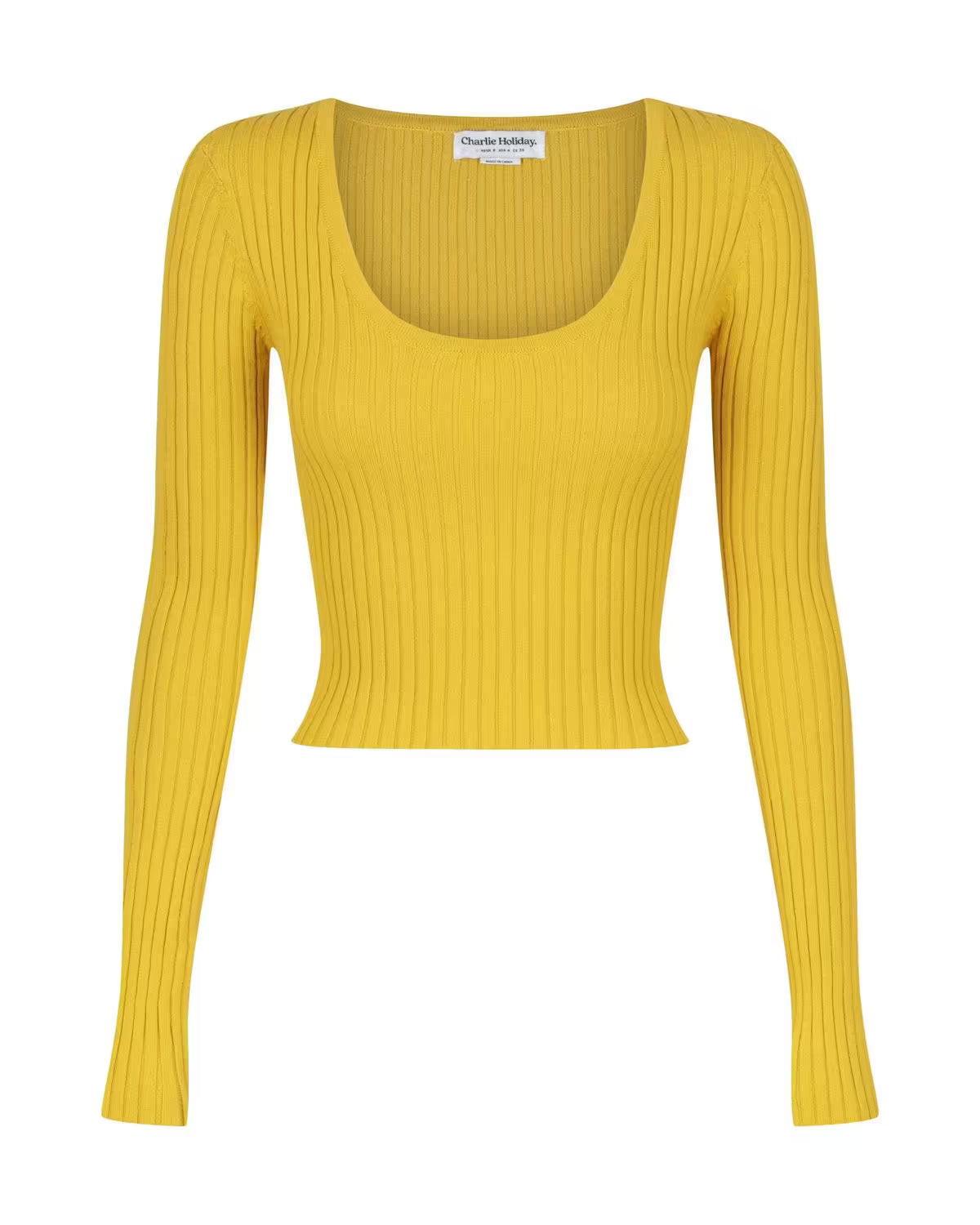 Golden ribbed scoop-neck long-sleeve crop top, flat lay