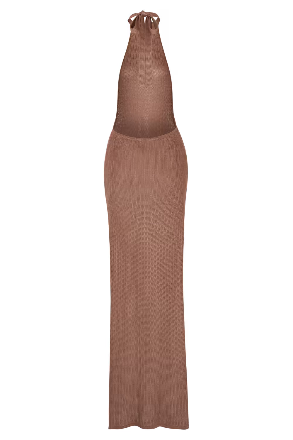 Taupe ribbed sleeveless maxi dress with tie-up open back, long length