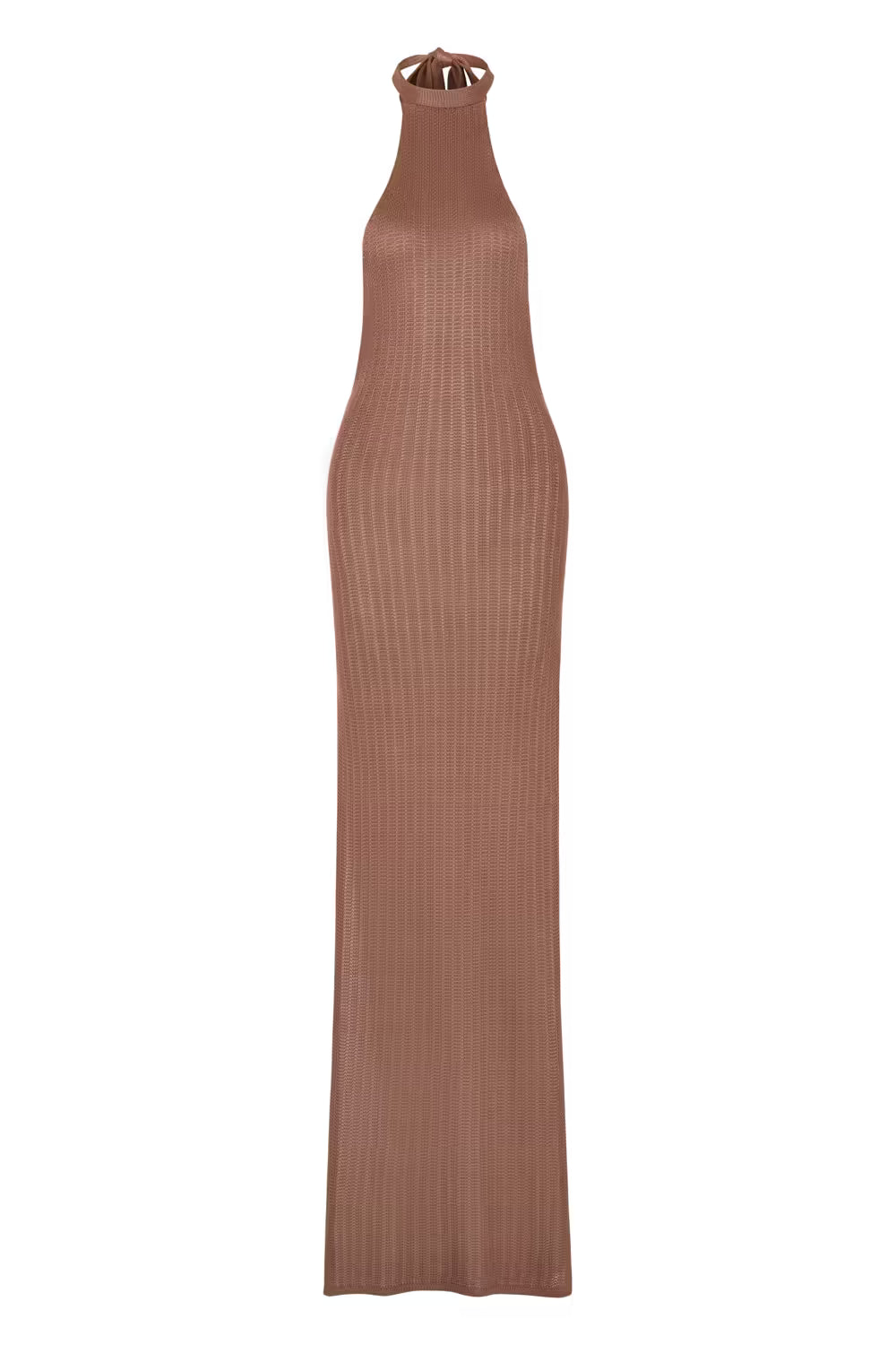 Taupe ribbed sleeveless maxi dress with tie at neck and long column silhouette