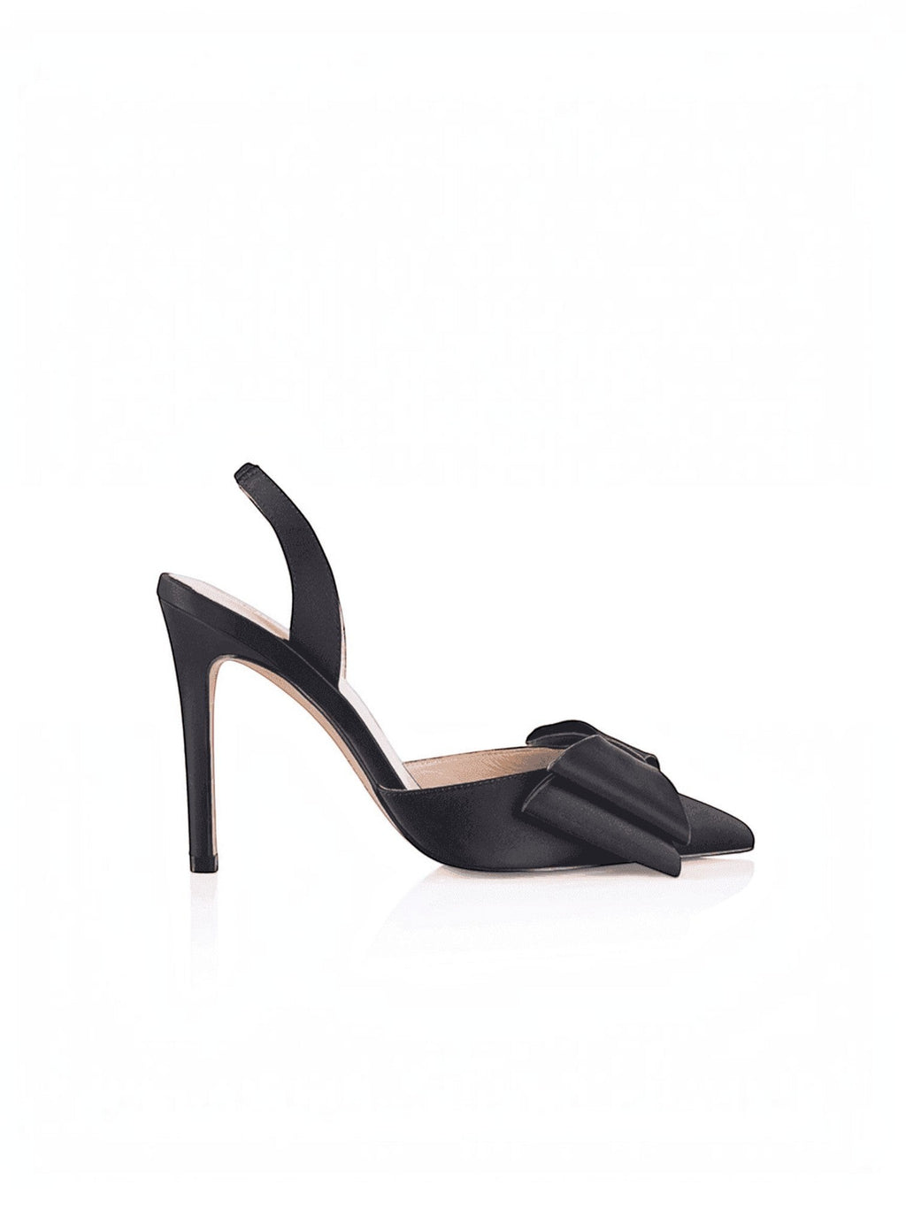 Black satin slingback pump with open toe and bow detail, high stiletto heel.