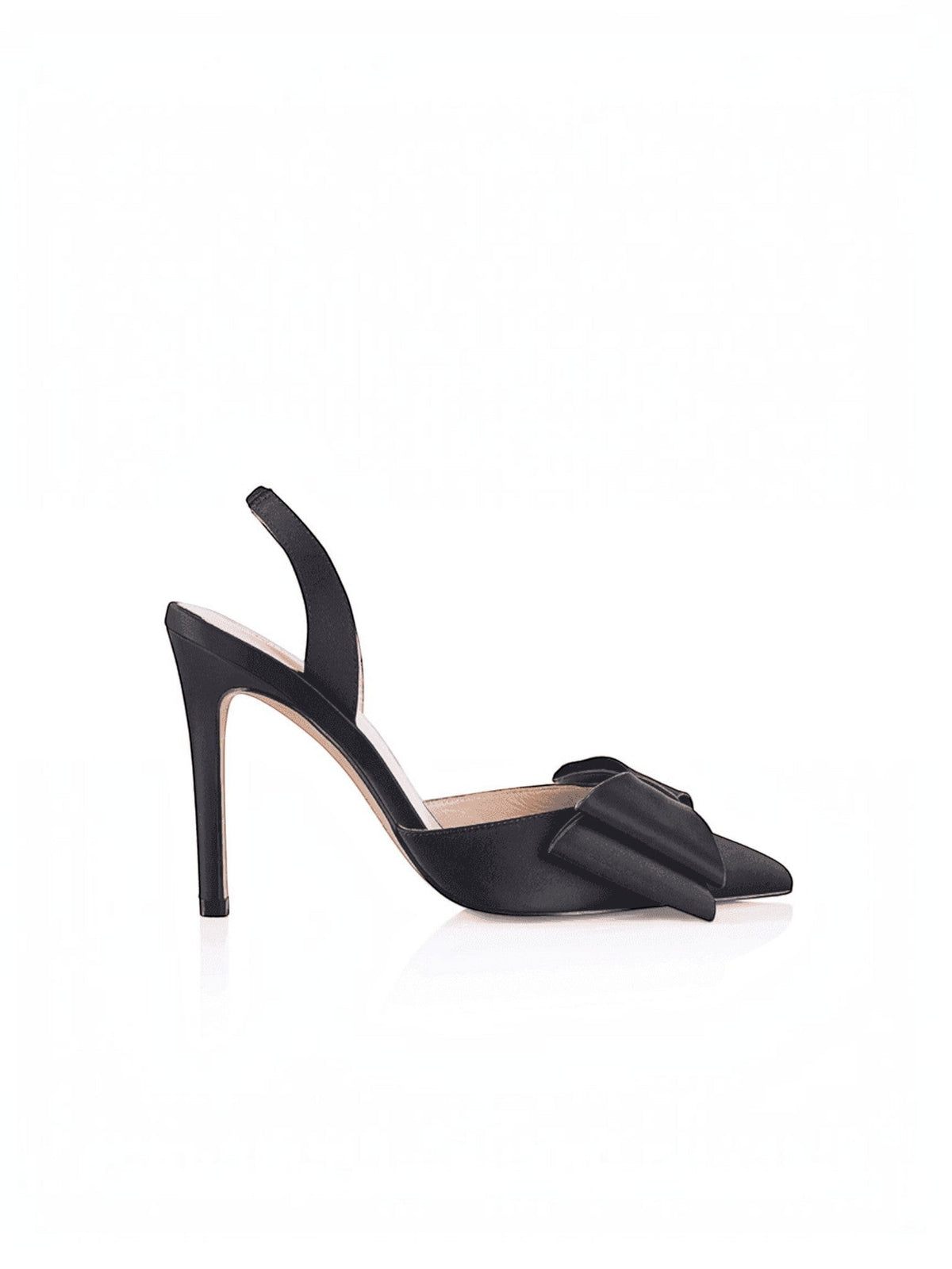 Black satin slingback pump with open toe and bow detail, high stiletto heel.