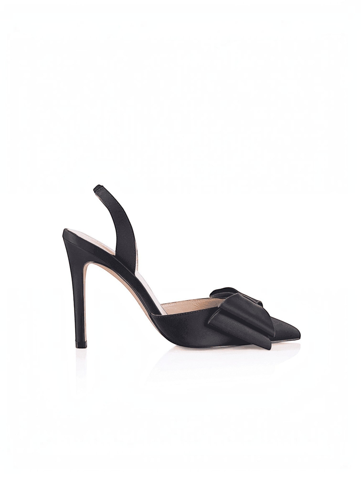 Black satin slingback pump with open toe and bow detail, high stiletto heel.