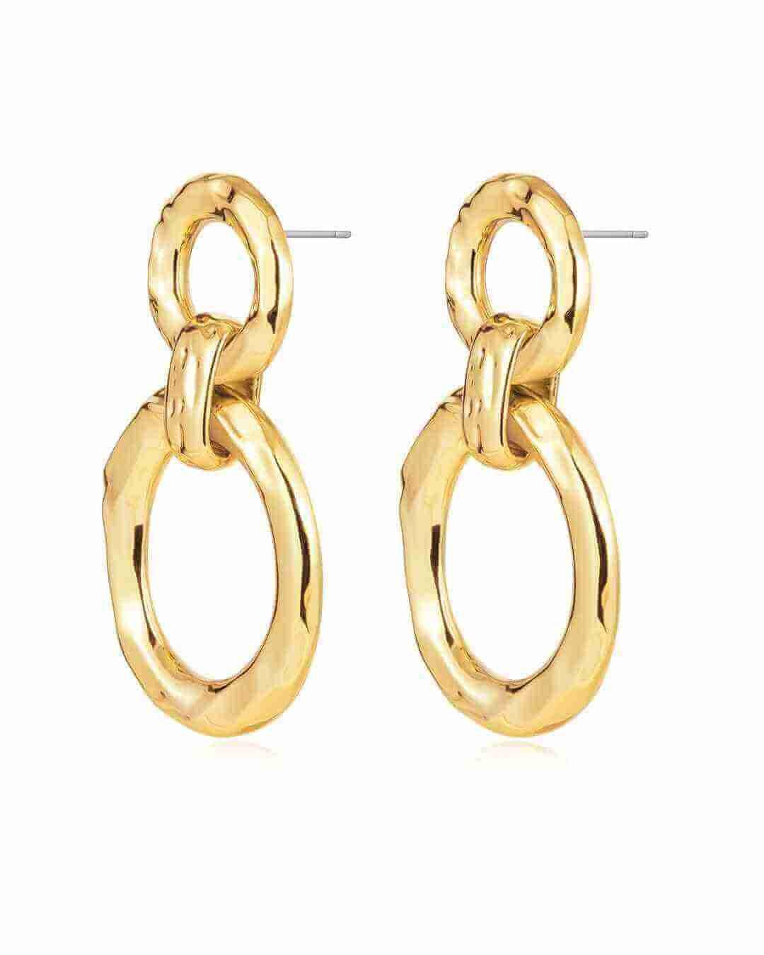 Gold hammered double loop hoop earrings with stacked ring drop, pair shown