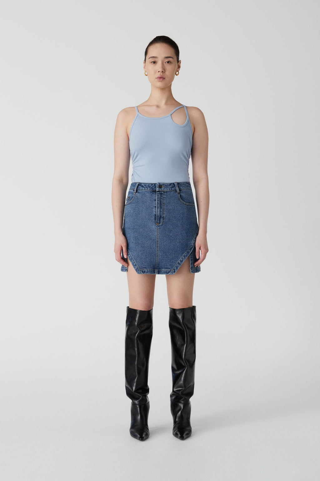 Chambray blue ribbed tank top with scoop neck and thin wide straps