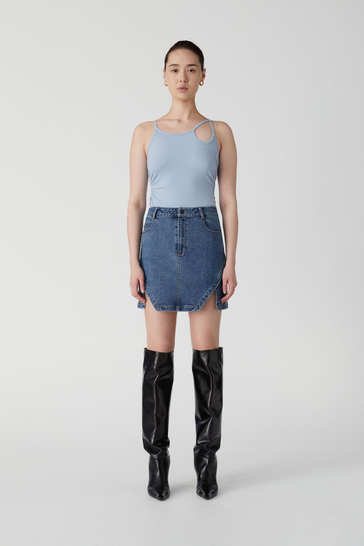Chambray blue ribbed tank top with scoop neck and thin wide straps