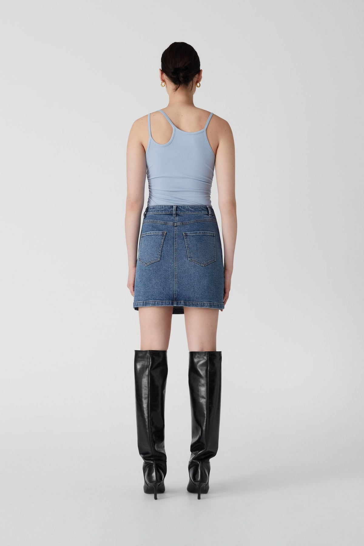 Chambray blue ribbed tank top, scoop neck, wide back straps