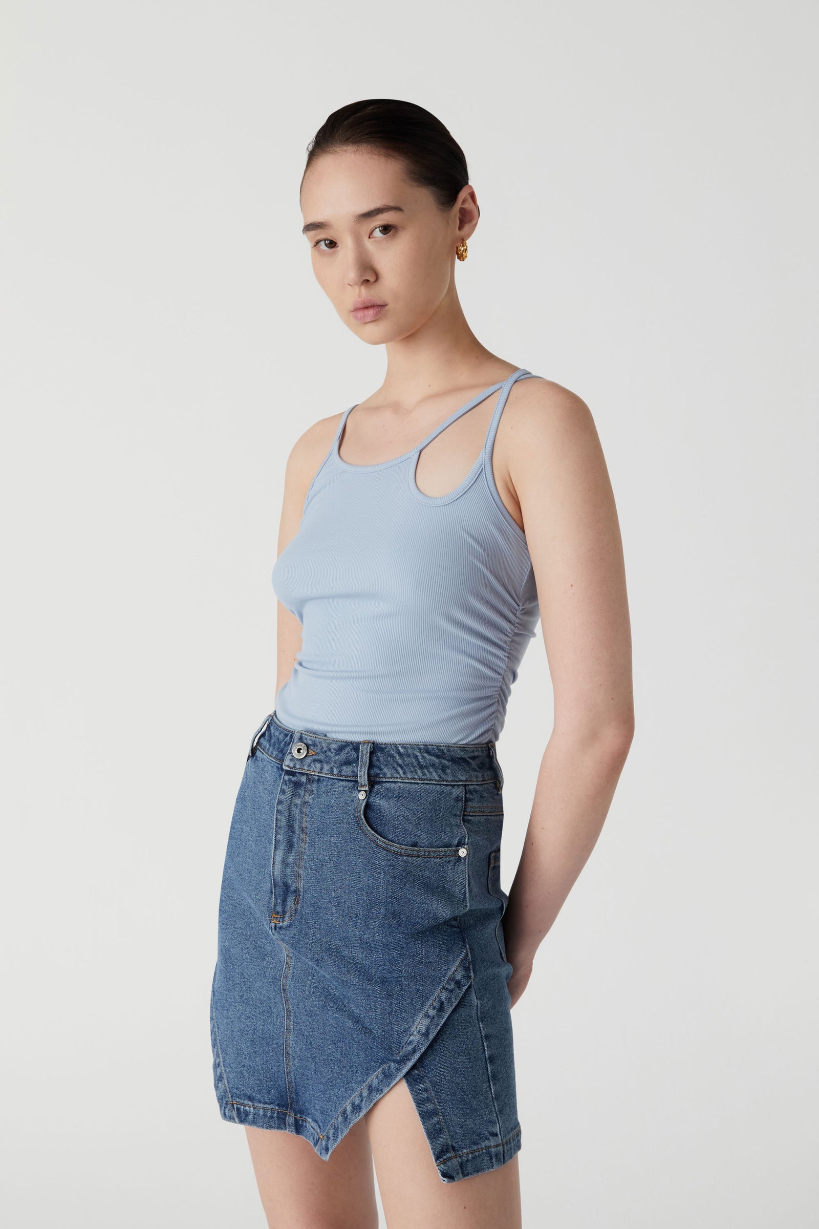 Chambray blue ribbed sleeveless tank top with scoop neckline