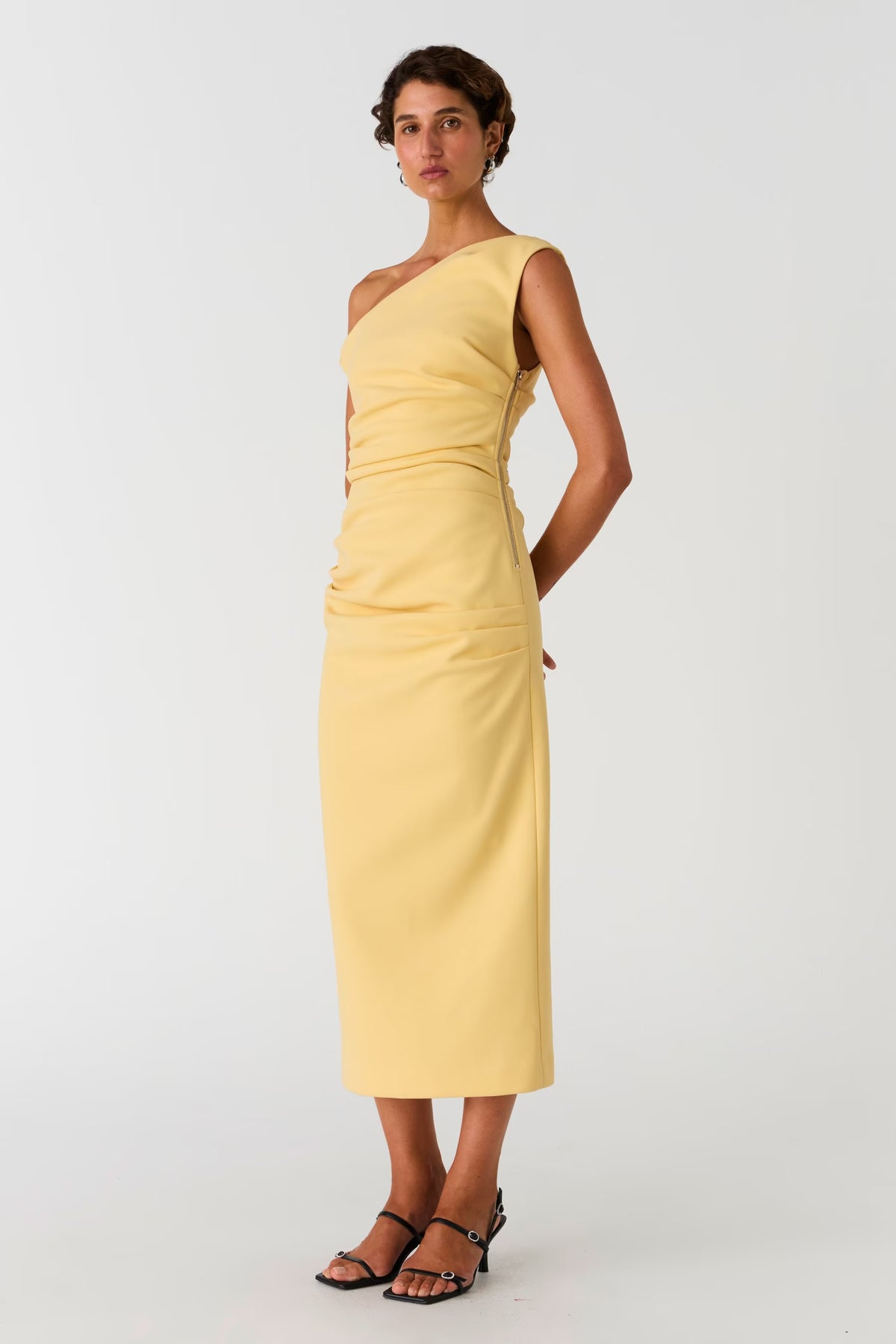 Buttermilk yellow off-shoulder midi dress with gathered bust and straight skirt