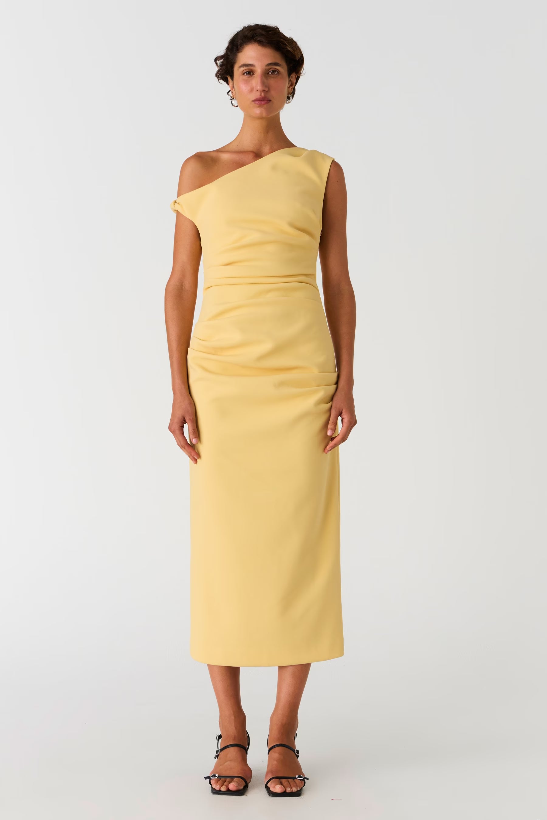 Buttermilk yellow off-shoulder midi dress with draped neckline and ruched waist