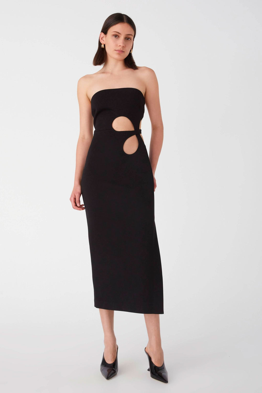 Black strapless midi dress with waist oval cutouts and pencil silhouette