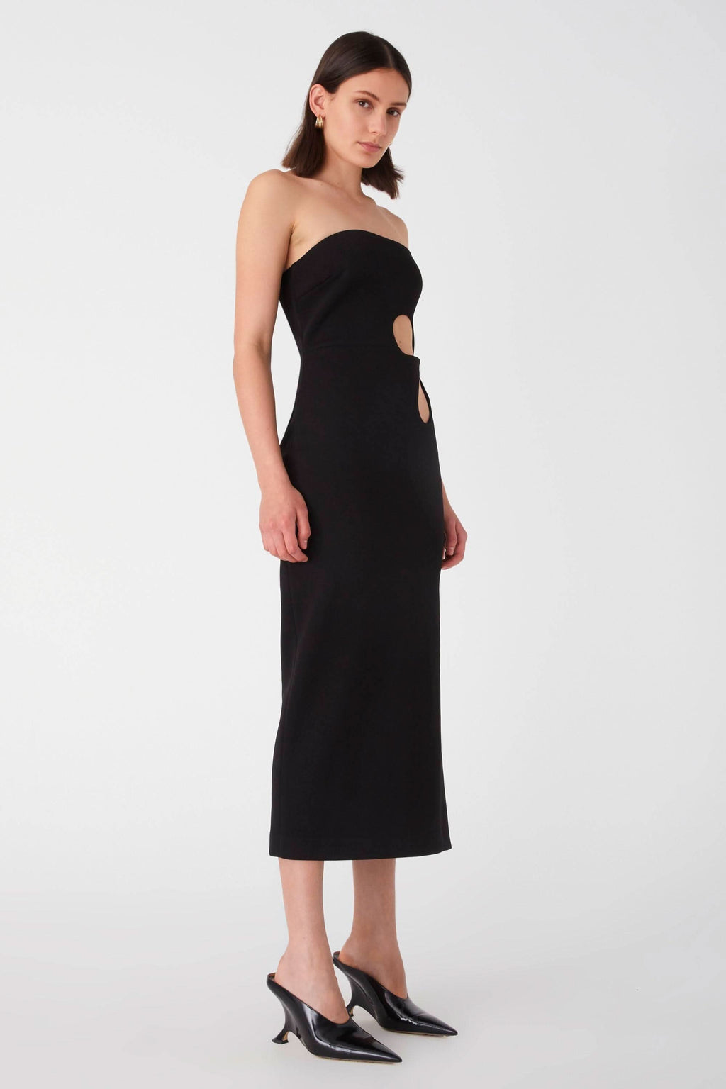 Black strapless midi dress with oval cutout detail