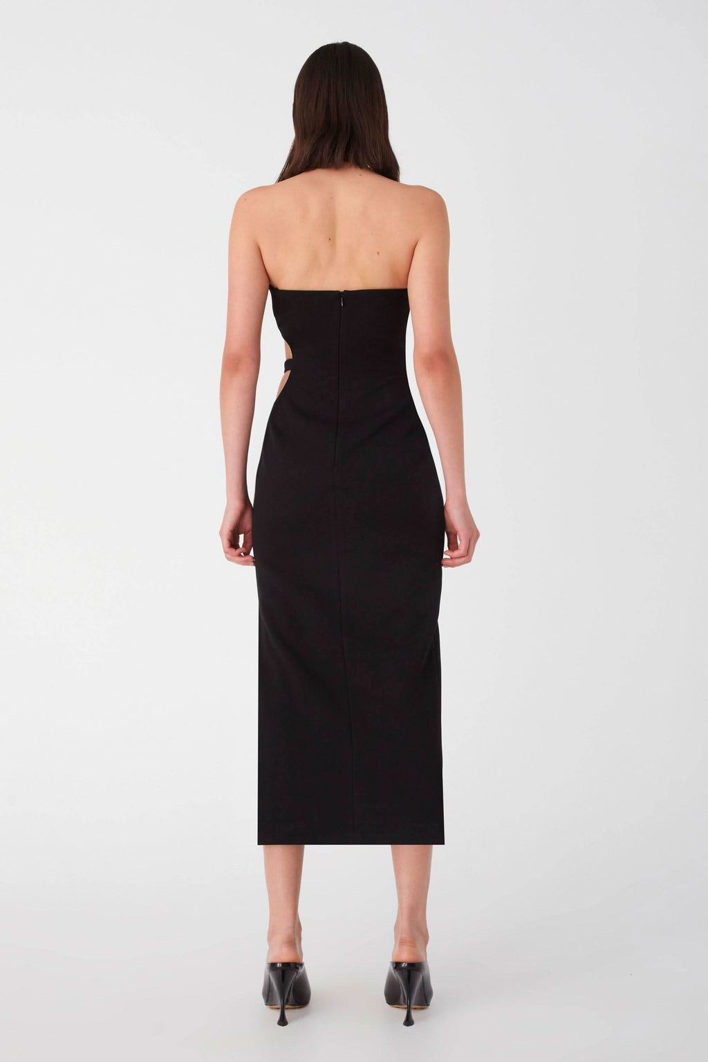 Black midi bandeau dress, sleeveless strapless back view