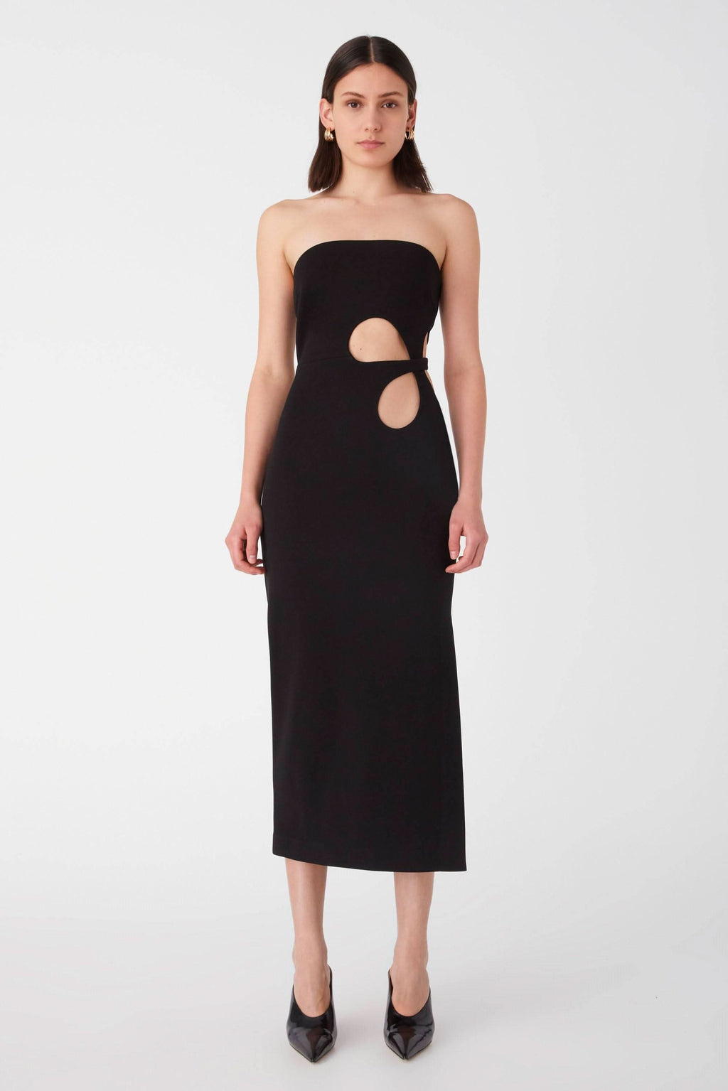 Black strapless midi dress with two oval cutouts at the waist