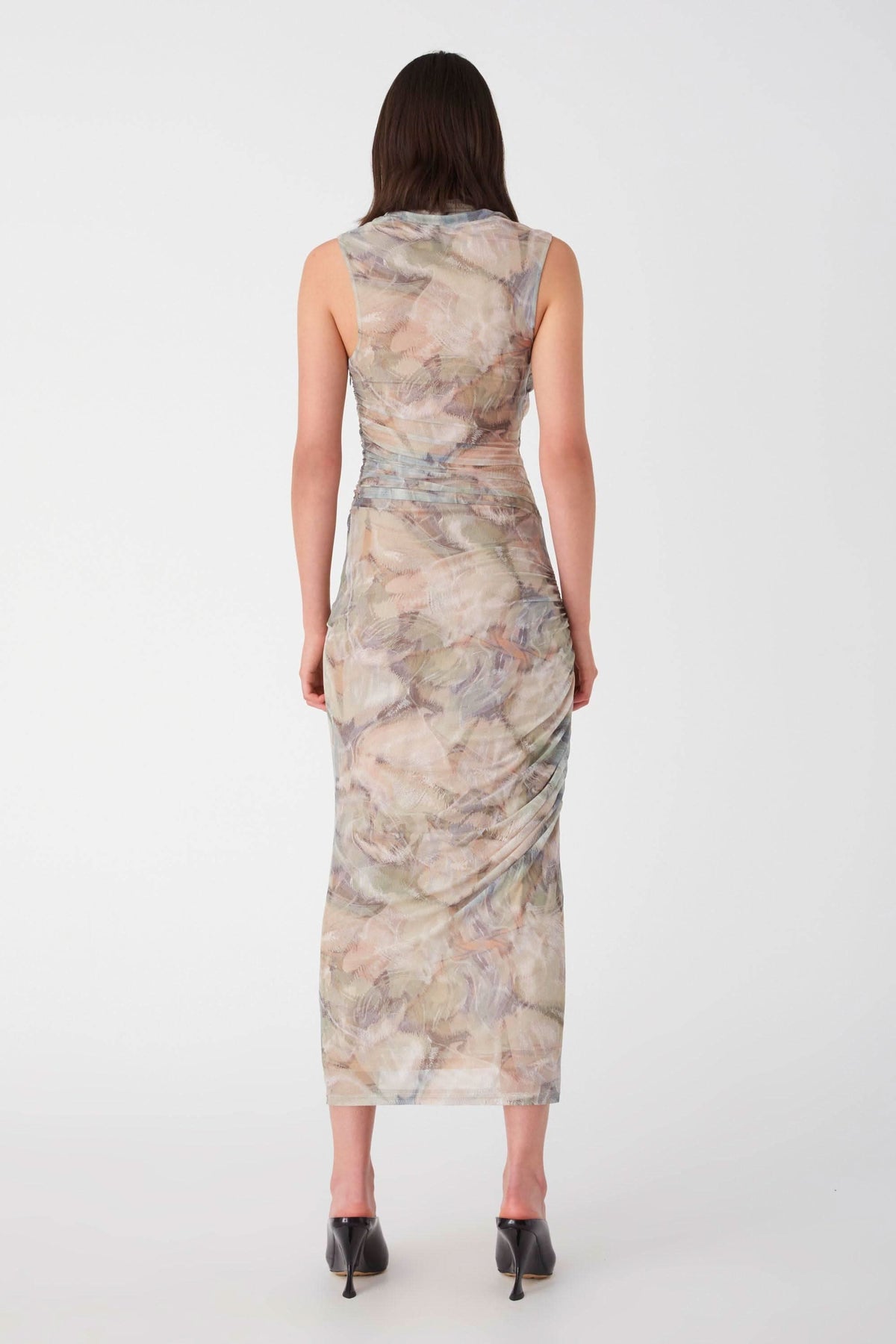 Mesh midi dress with abstract pastel print, sleeveless, fitted sheath cut, crew neckline
