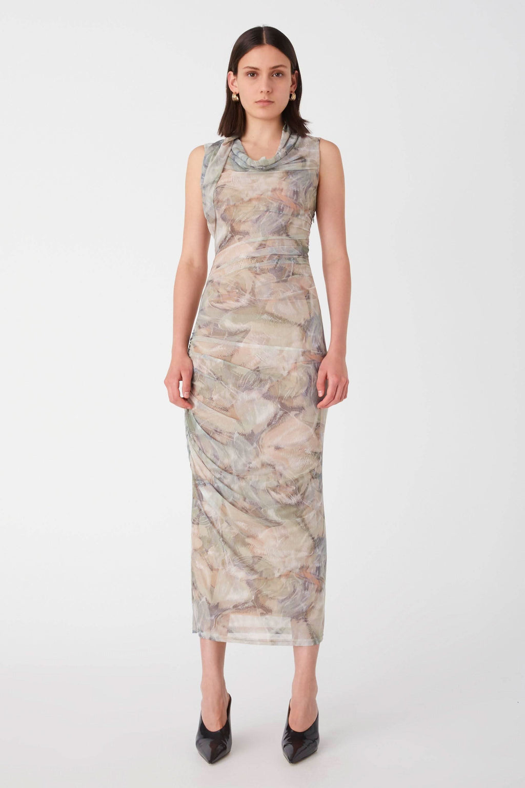 Mesh midi dress in abstract pastel print, sleeveless fitted sheath, crew neckline