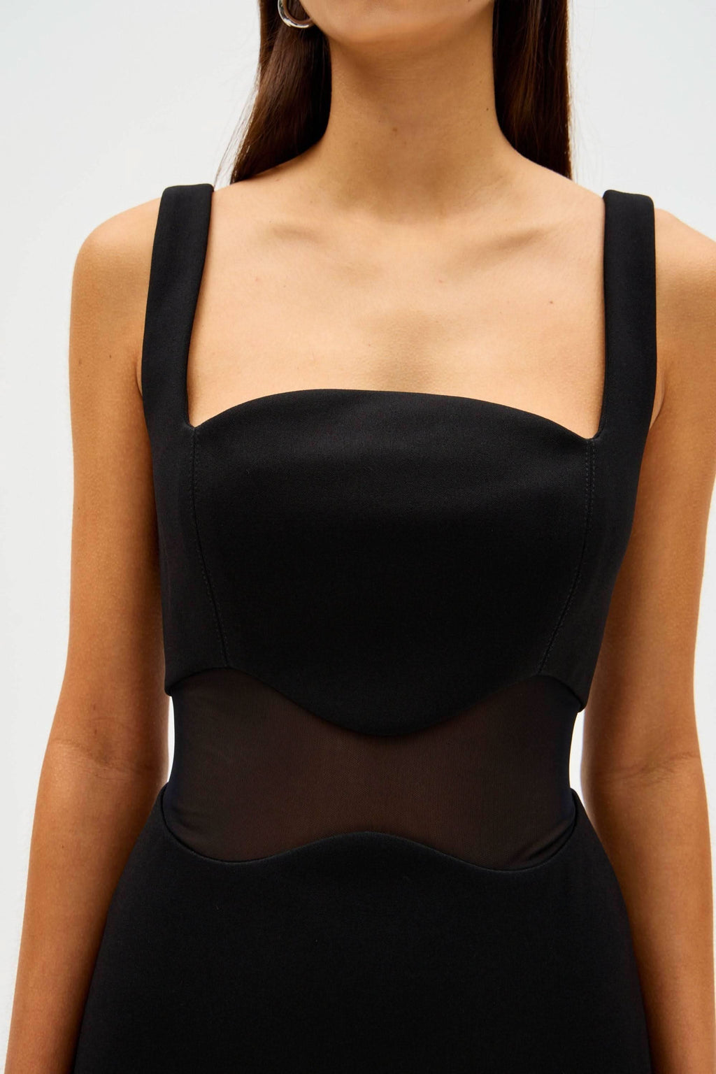 Black bonded crepe and mesh maxi dress, square neckline with sheer bust overlay