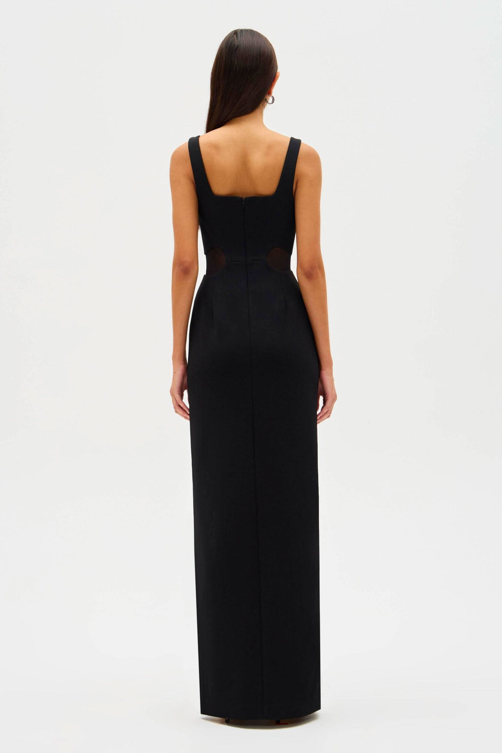Black sleeveless maxi dress with square neckline and mesh bust panel