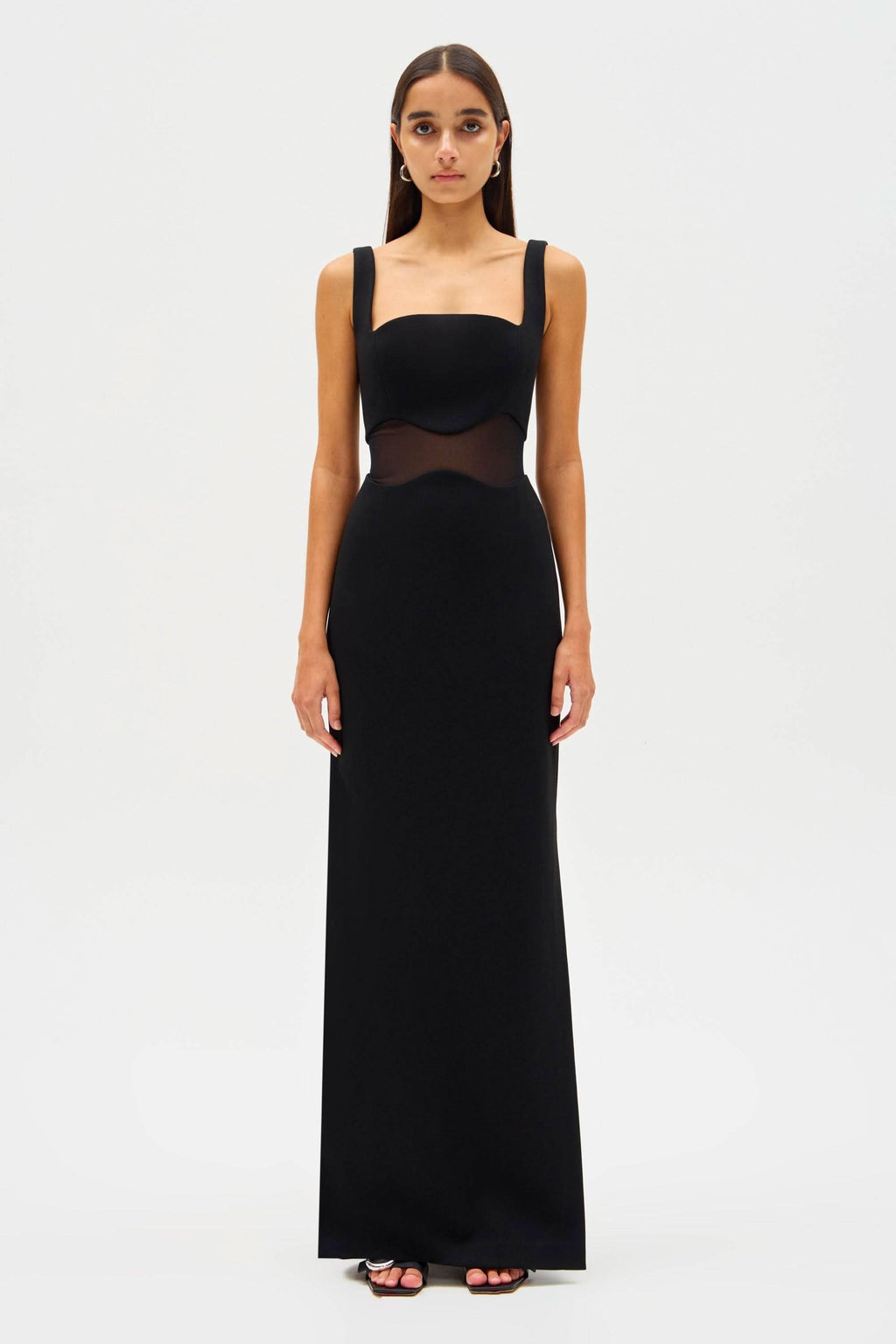 Black sleeveless maxi dress with square neckline and mesh bodice overlay