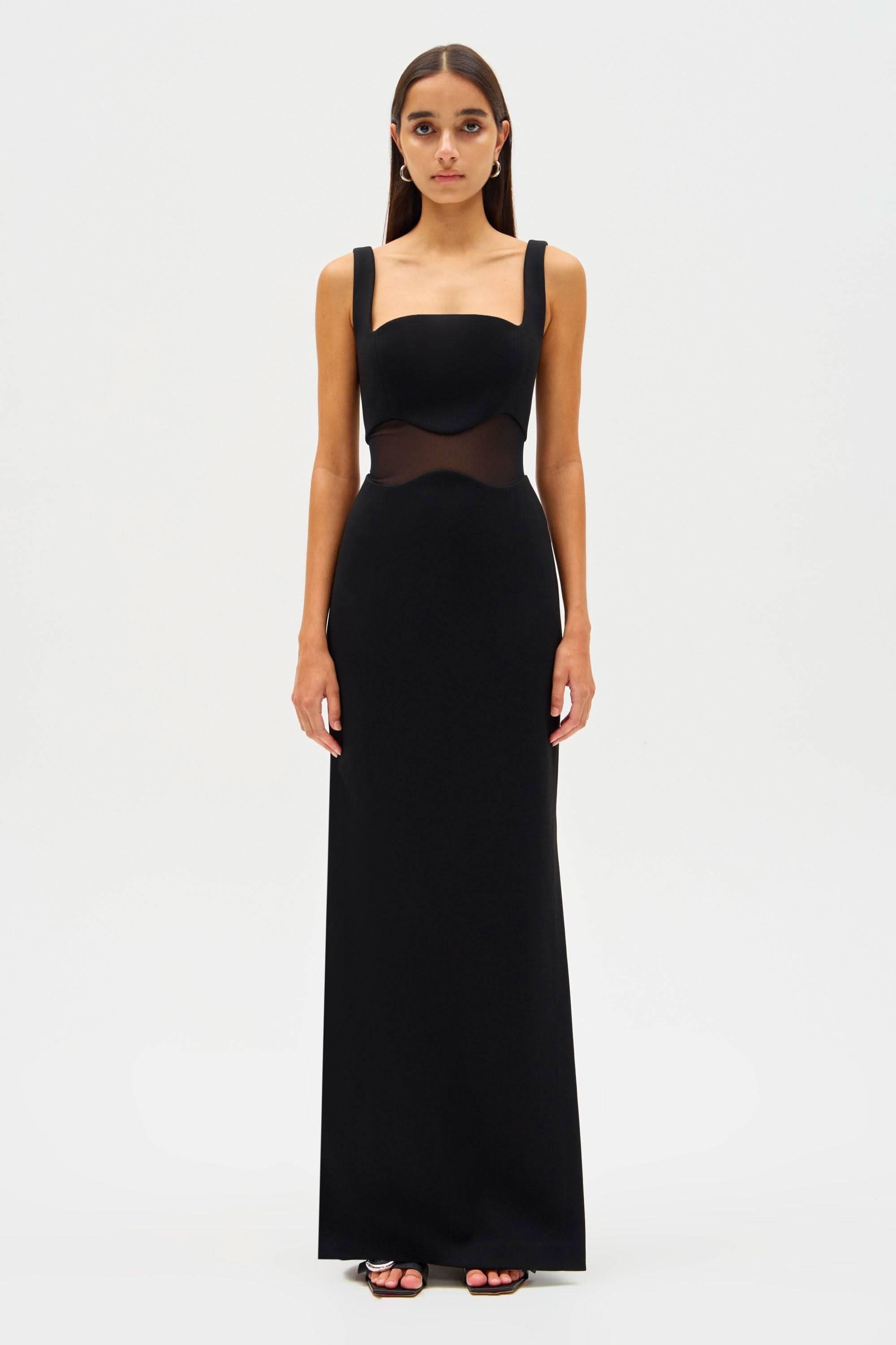 Black sleeveless maxi dress with square neckline and mesh bodice overlay