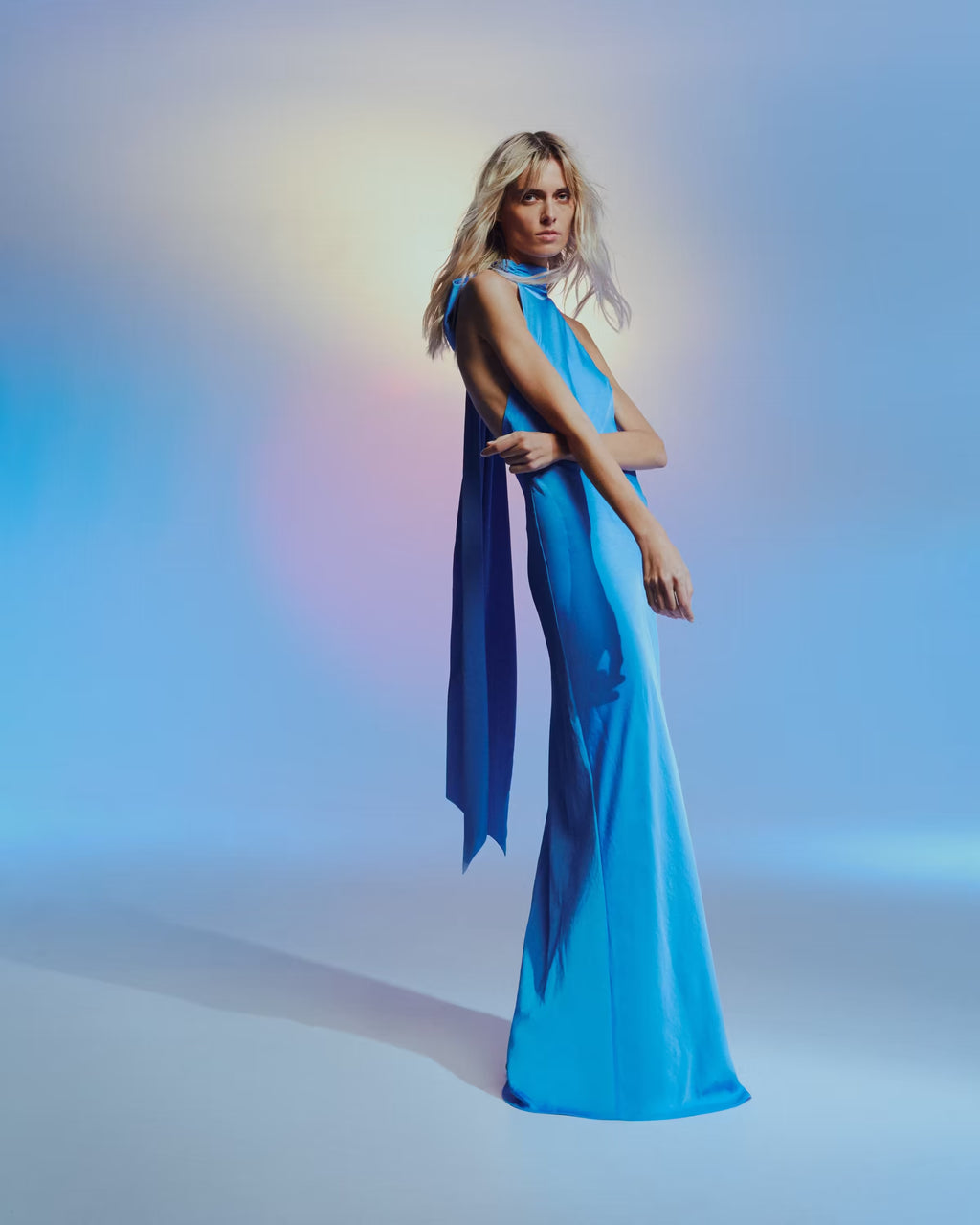 Lapis blue satin halter maxi dress with draped ribbon detail at back