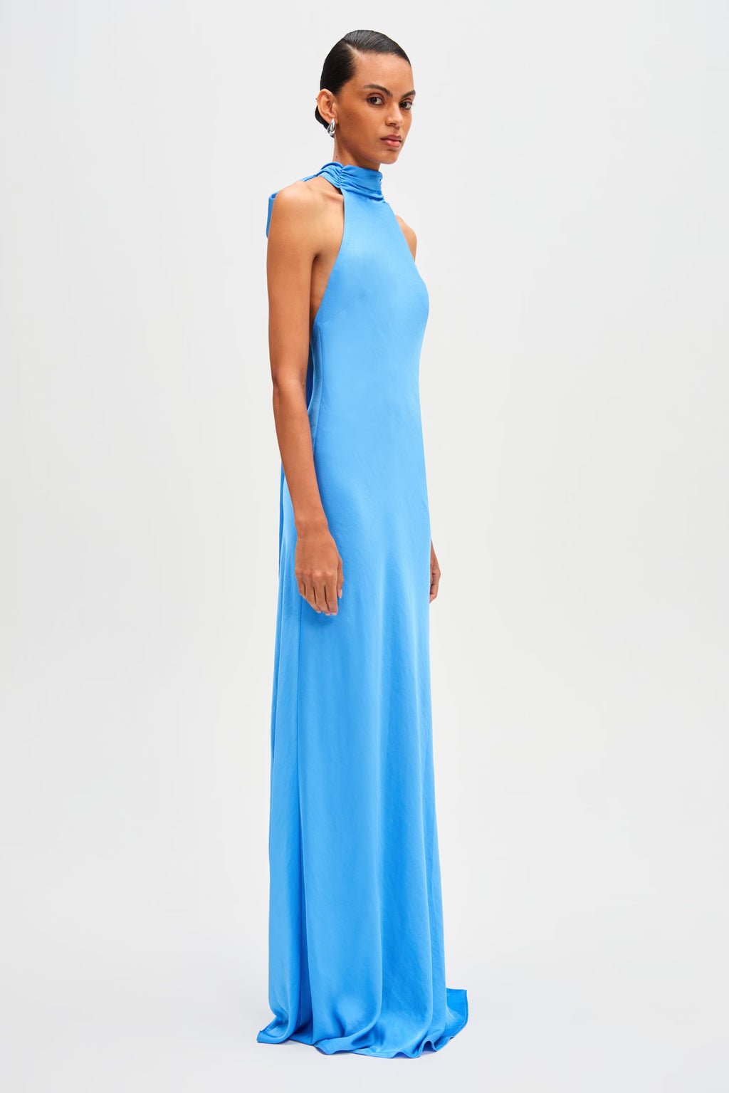 Lapis blue satin halter maxi dress, sleeveless with high neckline