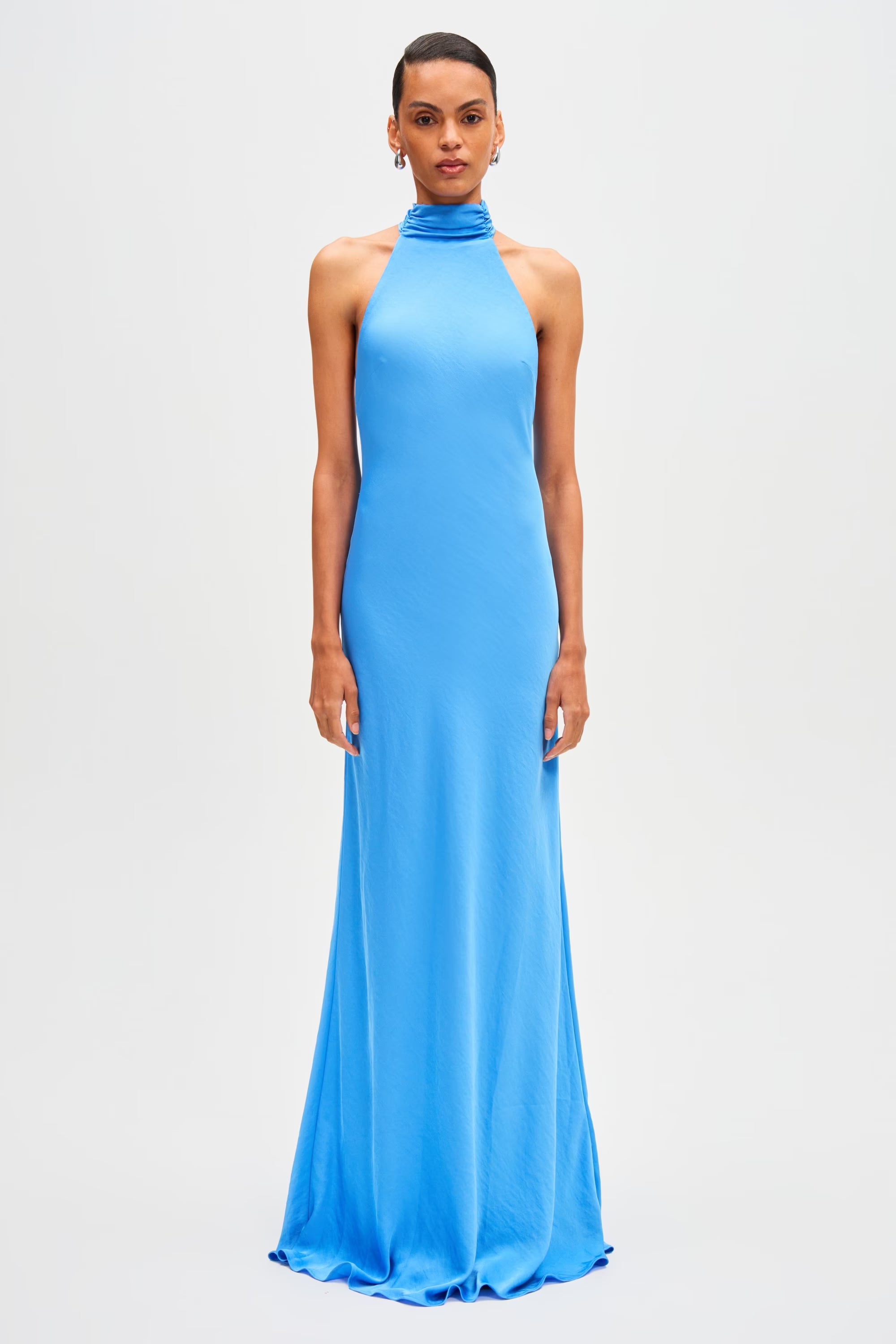 Lapis blue satin halter maxi dress with high neck and sleeveless fit