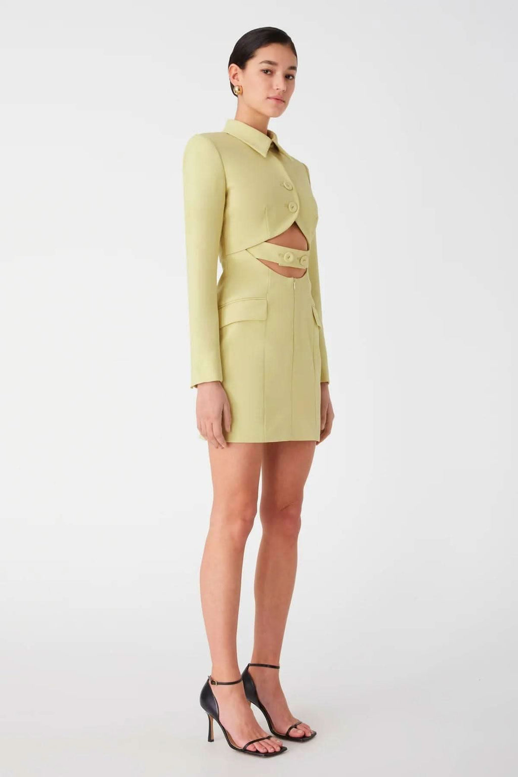 Lemongrass tailored mini dress with flap pockets and long sleeves, side view