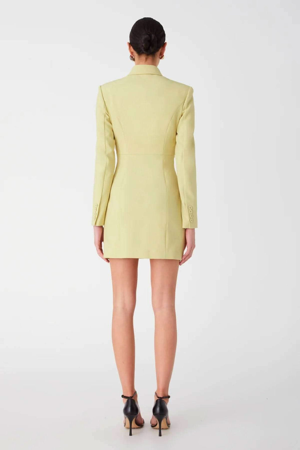 Lemongrass tailored mini dress with notched collar and long sleeves, back view