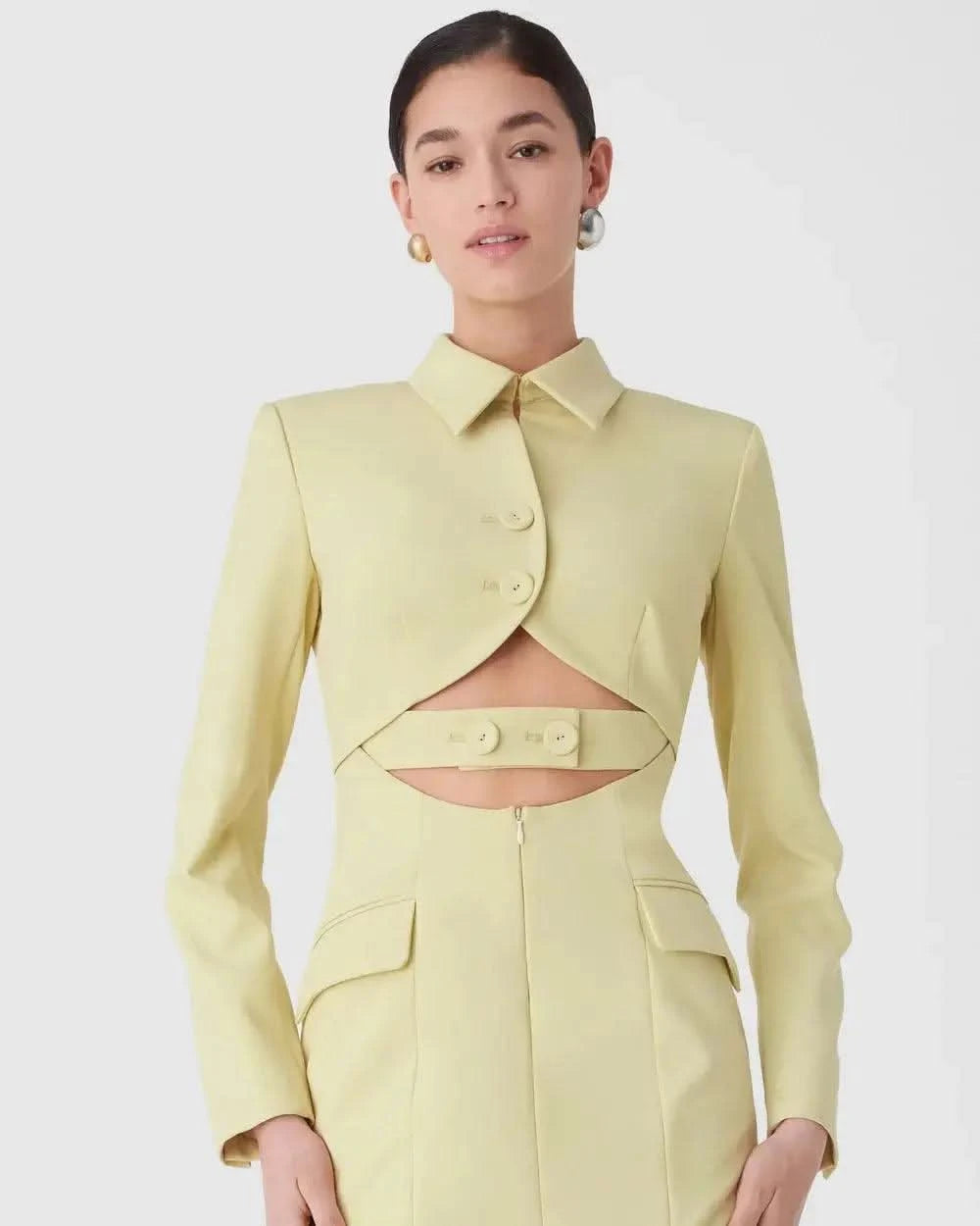 Lemongrass tailored mini dress close-up: notched collar, flap pockets, button front