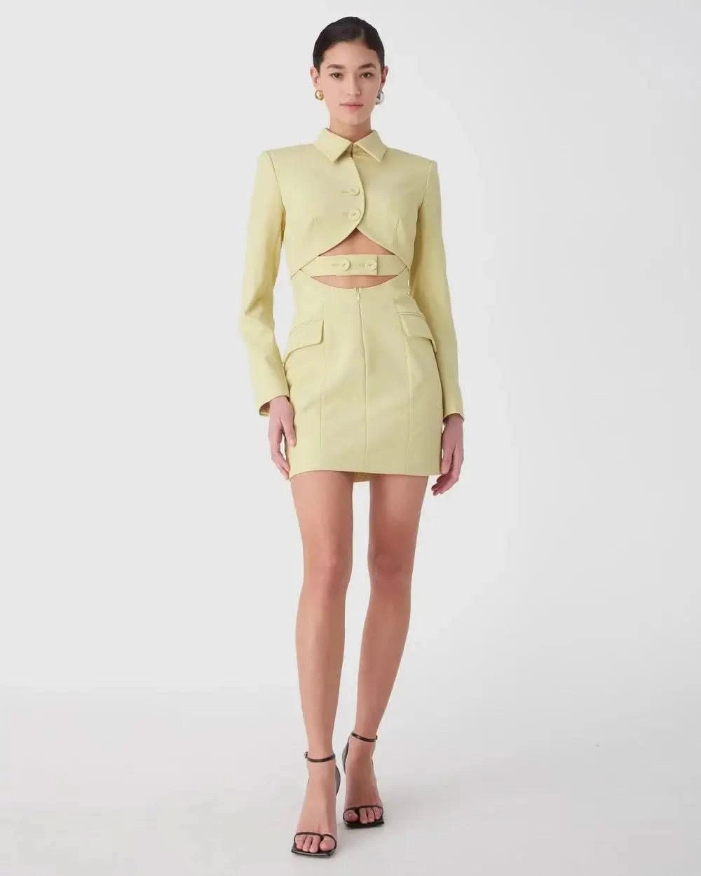 Lemongrass tailored mini dress with stand collar and button front, front view