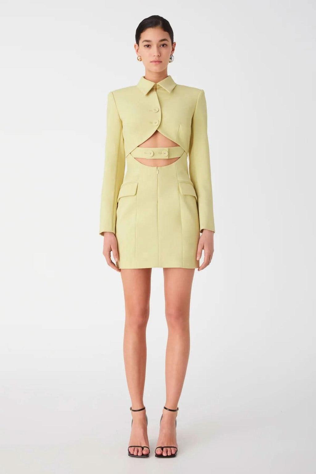 Lemongrass tailored mini dress with wrap-style front overlay and flap pockets