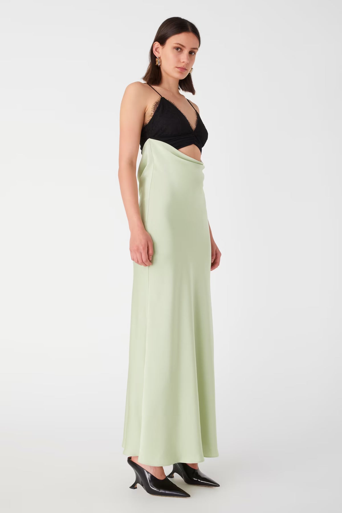 Meadow green maxi dress with black halter bodice and under-bust cutout