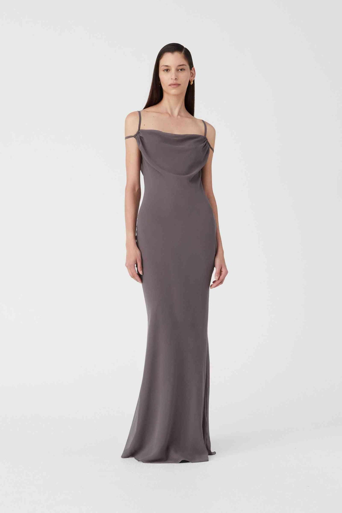 Gull grey maxi dress with draped cowl neckline and spaghetti straps, fitted column