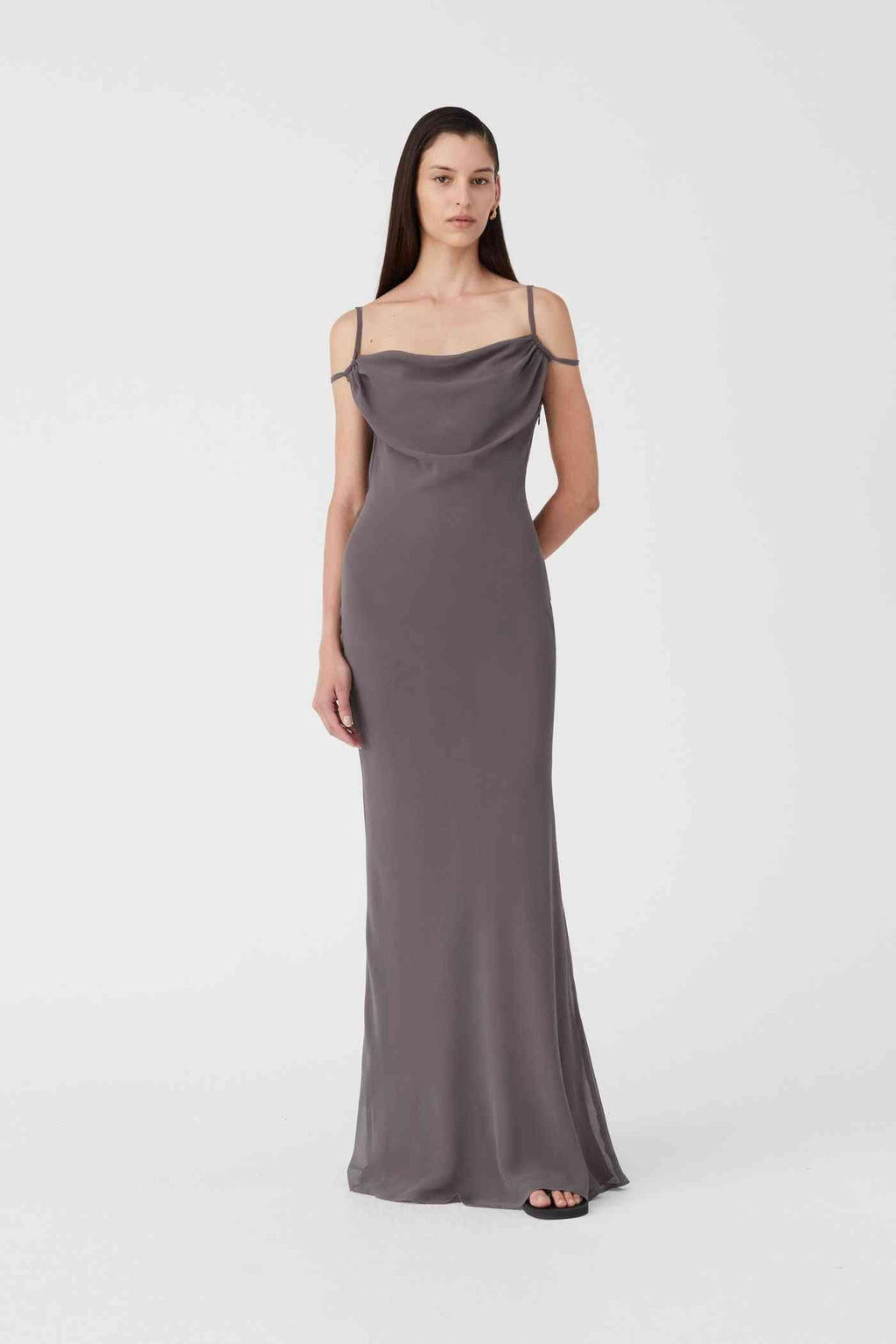 Gull grey maxi dress with cowl neckline and spaghetti straps, front three-quarter view