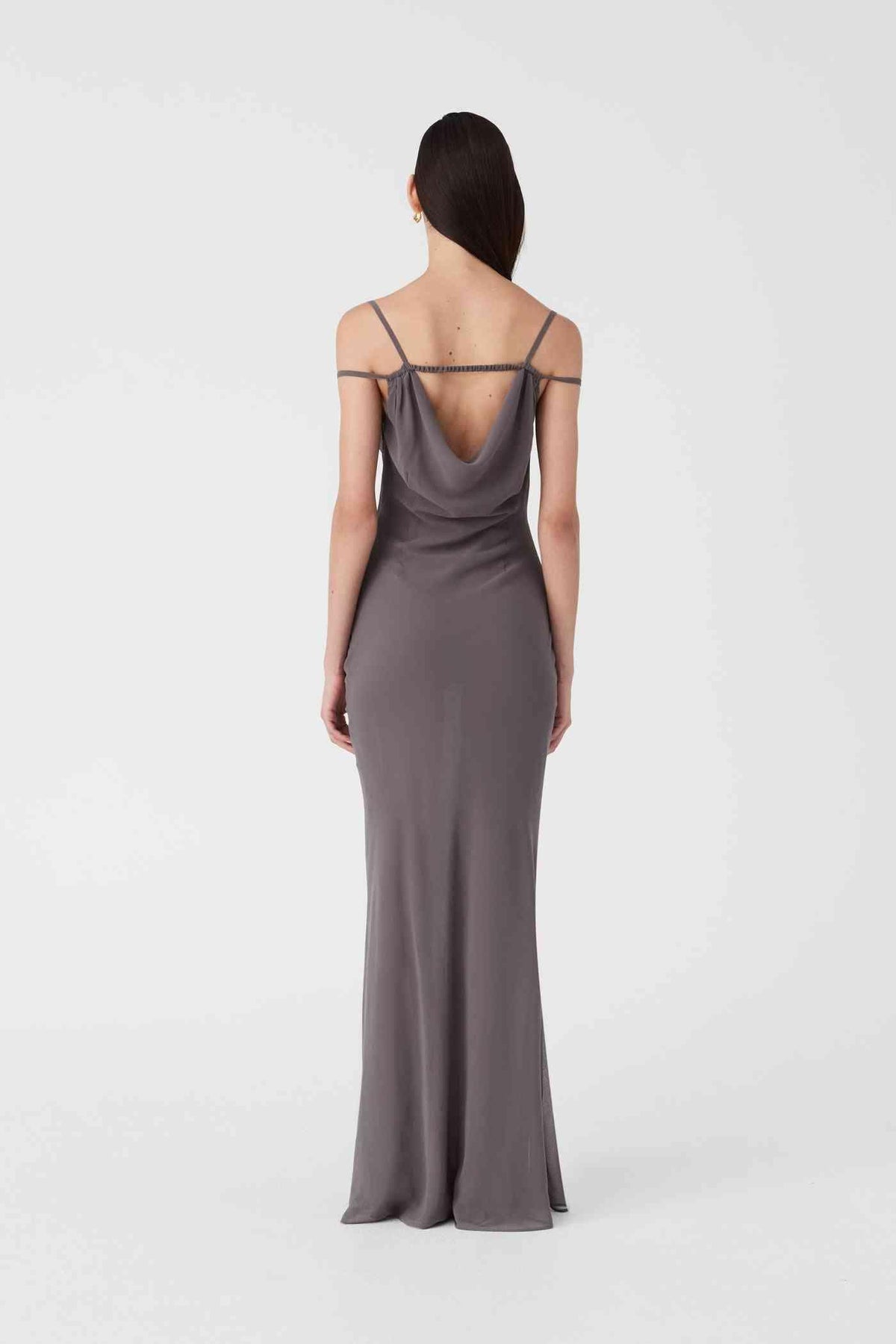 Gull grey maxi dress, back view with thin straps and draped cowl detail
