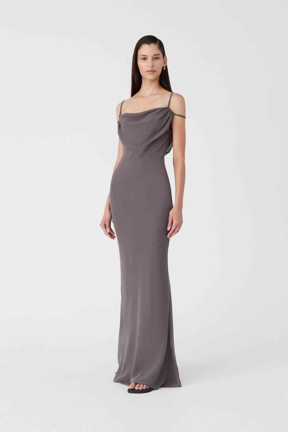 Gull grey maxi dress with draped neckline, fitted silhouette and thin spaghetti straps