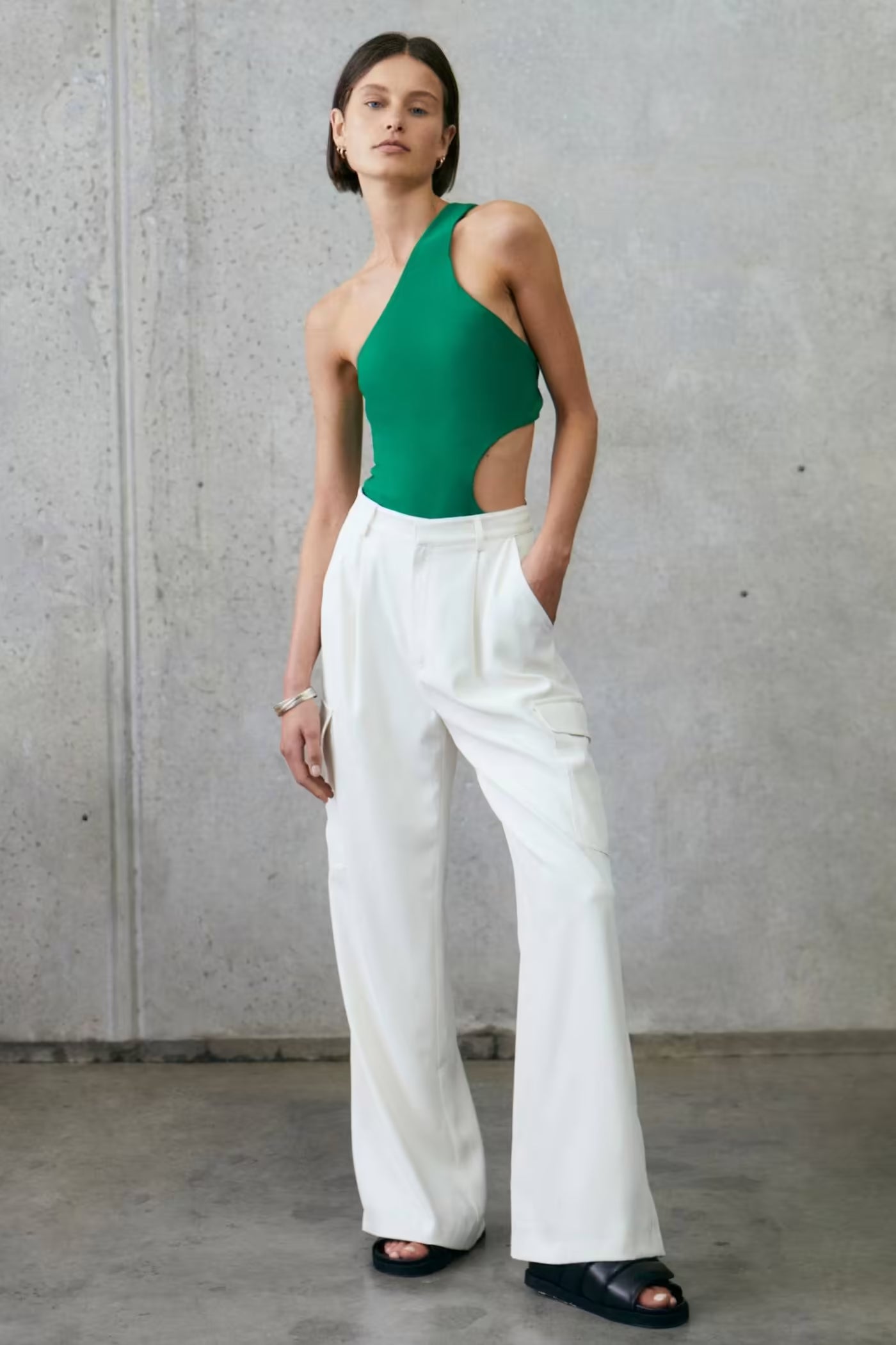 Fern green one-shoulder bodysuit, high neckline, fitted