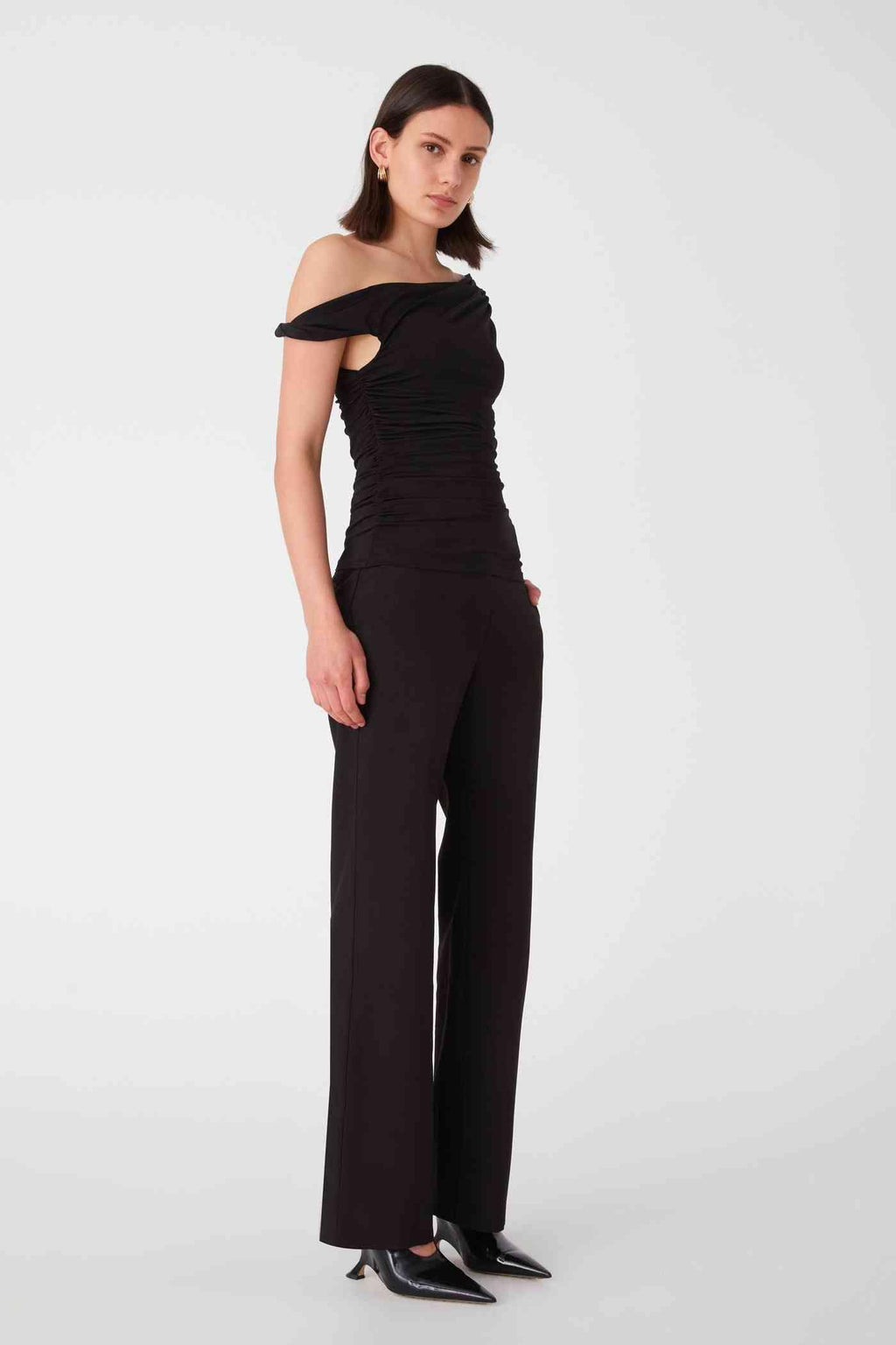 Black matte slinky off-shoulder top with one-shoulder neckline