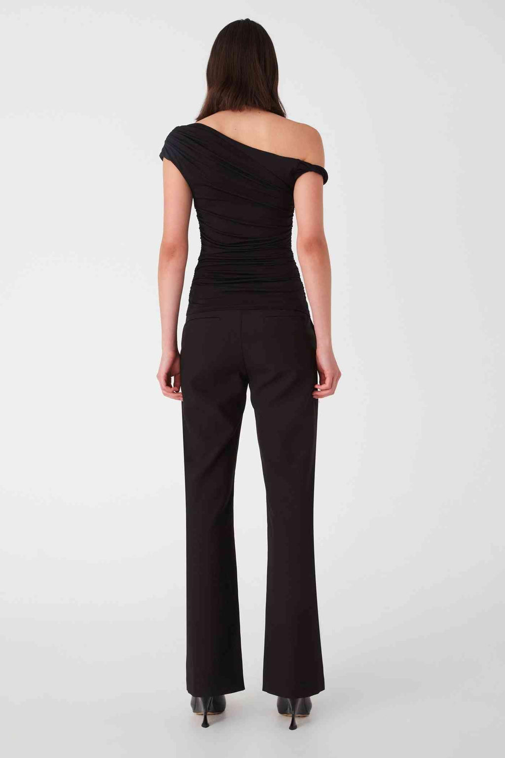 Black matte slinky off-shoulder top with gathered neckline
