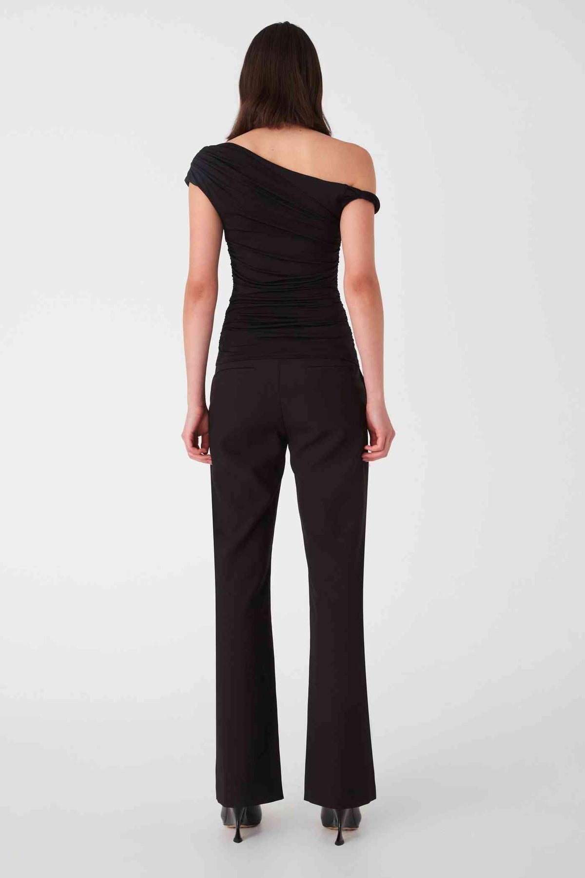 Black matte slinky off-shoulder top with gathered neckline