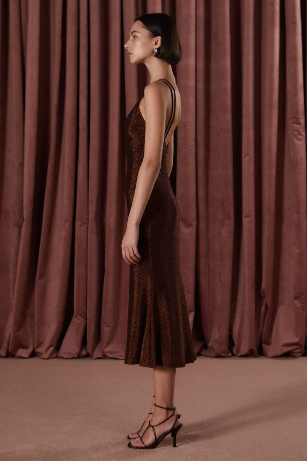 Copper slinky jersey midi dress with spaghetti straps and open crisscross back